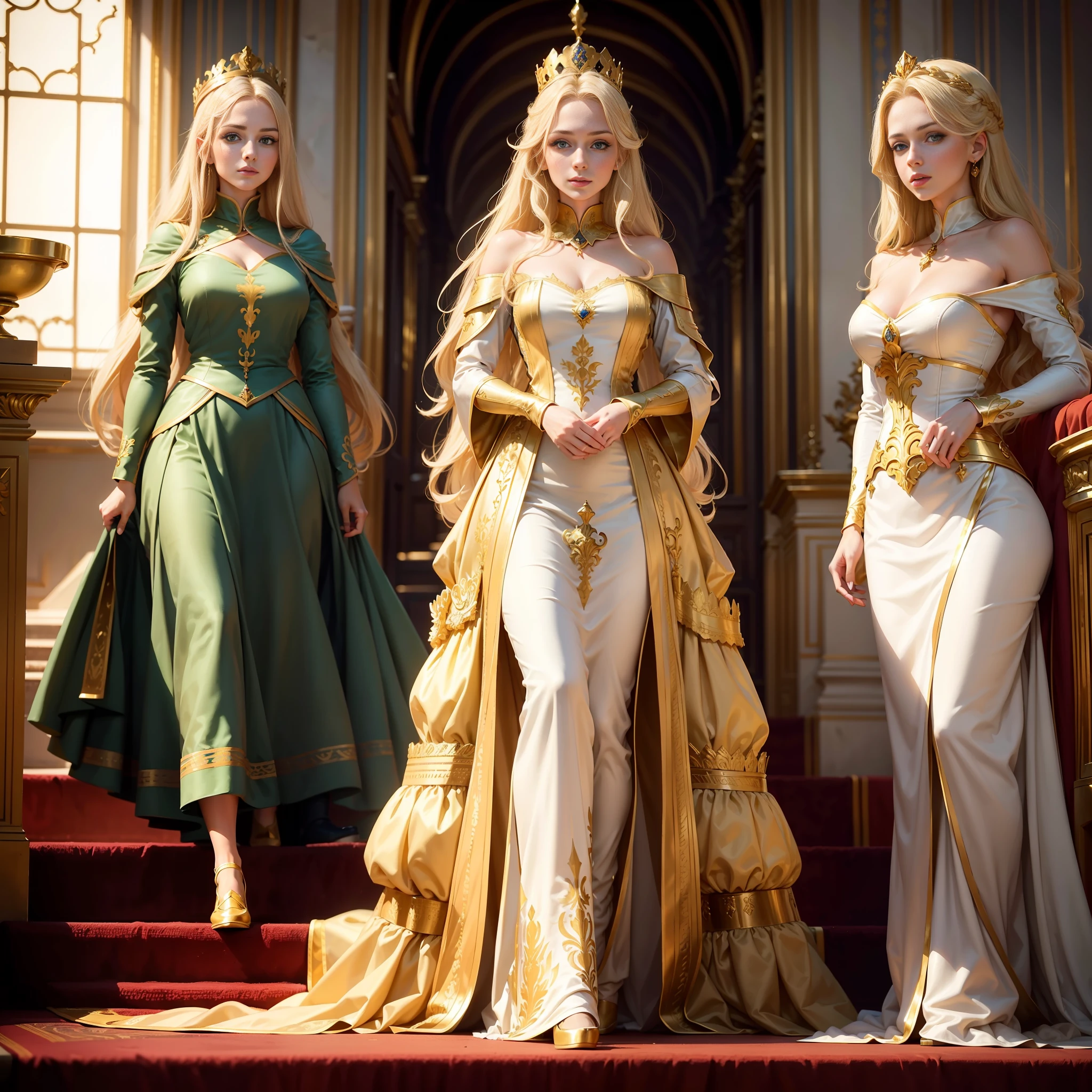 1 girl, (25 years old), blond hair, green eyes, (perfect European noble face: 1.1), (maximum picture quality: 1.1), (perfect figure: 1.1), royal clothes, royal regalia, golden crown, inside the palace, masterpiece, golden dress, staircase.