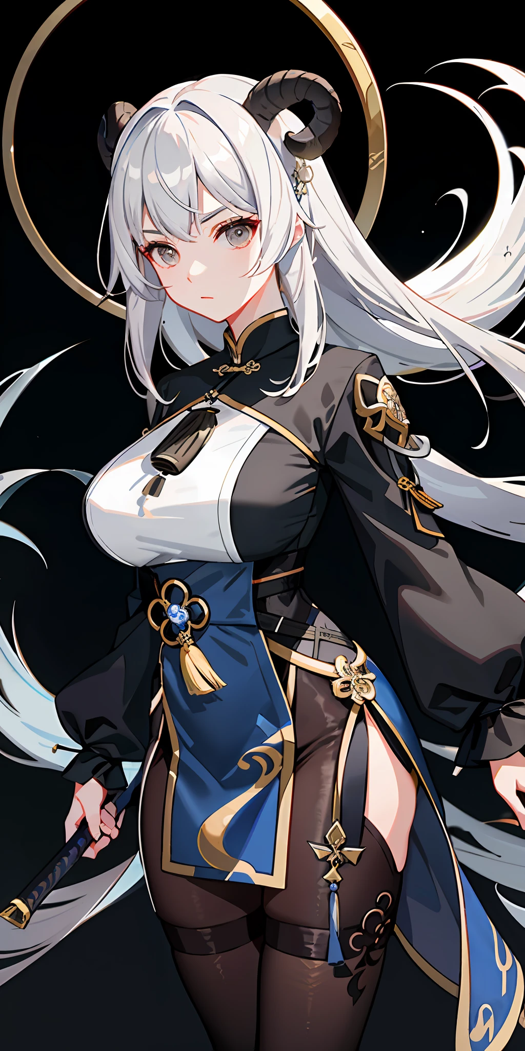 (Best quality, masterpiece) gray hair, Chinese style costume, Genshin, black eyes, sheep horn, sister, bangs tail, expressionless, apothecary, dark blue clothes, one-handed sword, background white, huge, tights, cheongsam