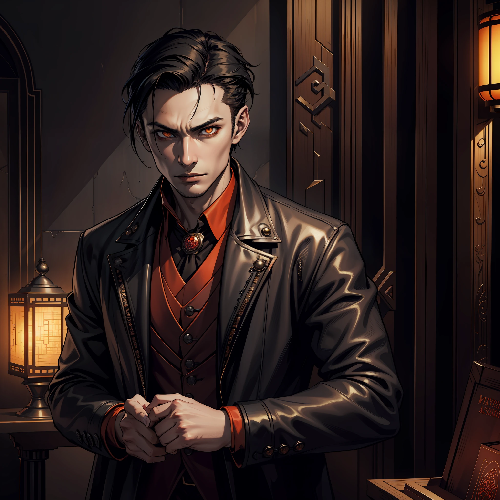 (extremely detailed 8k wallpaper), dark theme, Vampire the Masquerade, modern horror, 2020s, man, (((Asian))), wearing mystical leather overcoat, sharp focus, (subsurface scattering:1.1), award-winning photography, centered face, Harry Shum Jr's face, ((a Tremere vampire)), half-body shot:1.1, short punk black hair, orange eyes, ((oriental eyes)), intellectual expression, arcane chapel interior with tomes and modern magic stuff, dramatic lighting