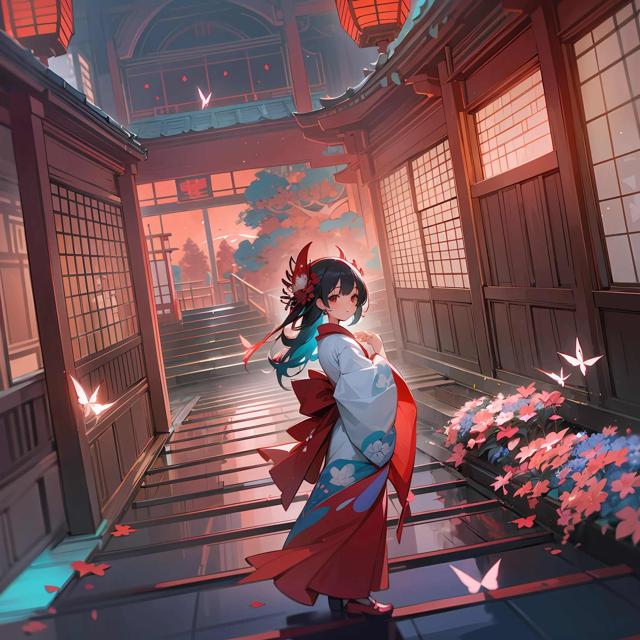 a girl in a red geisha costume, very gorgeous kimono, large-scale murals, multilayered dimensions, red sky, Red Japanese architecture, anime wallpaper lovely red lantern girl, moonlight backlight,light particles,masterpiece, lily,blue flower,aqua color flower,fluttering petals,flower headdress,shining butterfly,window,in the style of stage-like environments, japanese-style landscapes, digital art techniques --ar 2:3 --niji 5 --style cute --auto --s2