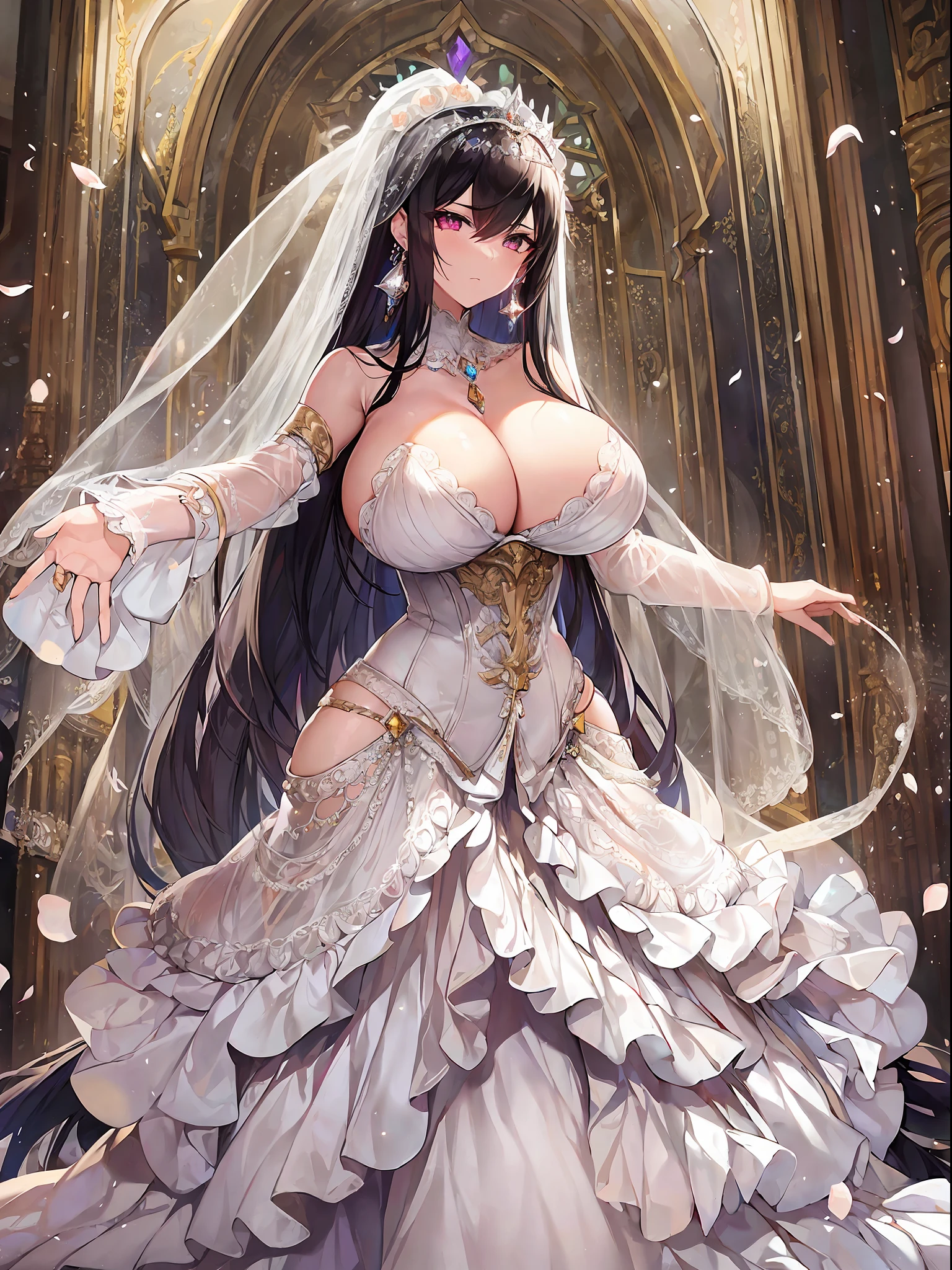 ((anime artstyle)),(Masterpiece), (Best Quality), (Super Detail), Illustration, (((Very Delicate and Beautiful))),Dynamic Angle,Looking at viewer,((((Solo)))),(((Full body))),(((1 arrogant empress in See-through white wedding dress having a wedding ceremony in a royal palace))),(standing),(((embarrassed))),anguish,Purple eyes,(Sharp eyes),Detailed Face, Long Eyelashes,Jet Black Hair,Straight Hair,((Very Long Hair)),Bangs between eyes,((((gigantic breasts)))),cleavage,((skindentation)),curvy,off shoulder,See-through,(((fusion of See-through white wedding dress and white rococo ball gown))),(fluffy See-through rococo white wedding ball gown with gorgeous embroidery),(((hoop skirt))),long skirt,corset,crinoline,long bridal veil,ultra long gloves,Beautifully Gorgeous jeweled big tiara,Beautifully Gorgeous gem earrings,Beautifully Gorgeous jeweled necklace,Beautifully Gorgeous jeweled ornaments,indoor,white lily flowers, flower petals flowing,Stained glass,light particles,Sacred Light