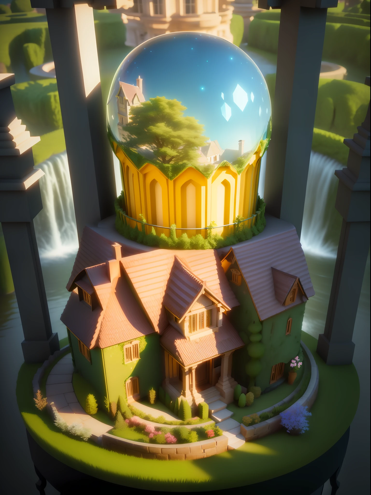 Close-up of baroque house with tree in garden, stylized 3d rendering, stylized 3d rendering, stylized concept art, stylized 3d rendering, stylized game art, fantasy house, isometric 3d fantasy cute house, super detailed color lowpoly art, stylized 3d, 3d stylized scene, flowers, river, waterfall, round sphere transparent glass transparent, streamer, night, starry sky