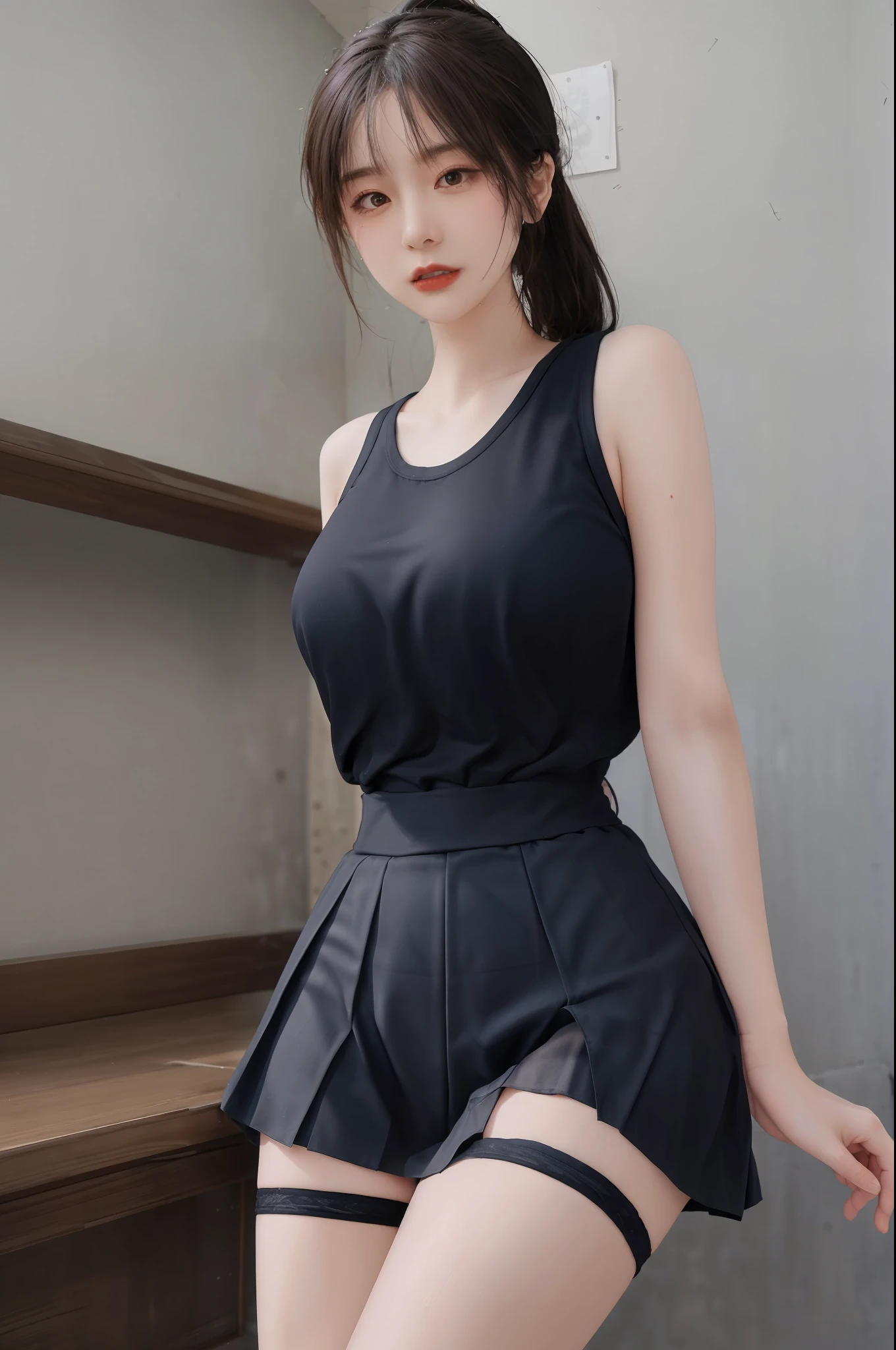 Masterpiece: 1.2, Best Quality), Realism, (Real Pictures, Rich Detail Detail, Depth of Field), (1 Girl, Solo), Makeup, High Detail, Perfect Face Shape, (: 1.4), (Skin Dents), Thick Thighs, Broad Buttocks, Thin Waist Thin, High, Coral, Red Lips, Red Eyes, Ponytail (Girls, Shallow Tulle, Tulle Transparent), (Sweat: 1.2), (Wet), Sexy, Blush, (Shy Expression), Tank Top, Suspenders, Belly Pocket, Shorts, Yoga Pants, Tight Short Skirt, Tight Shorts, stockings, fishnet socks, pajamas, pleated skirts, skirts, hip skirts, flowers on clothes,
