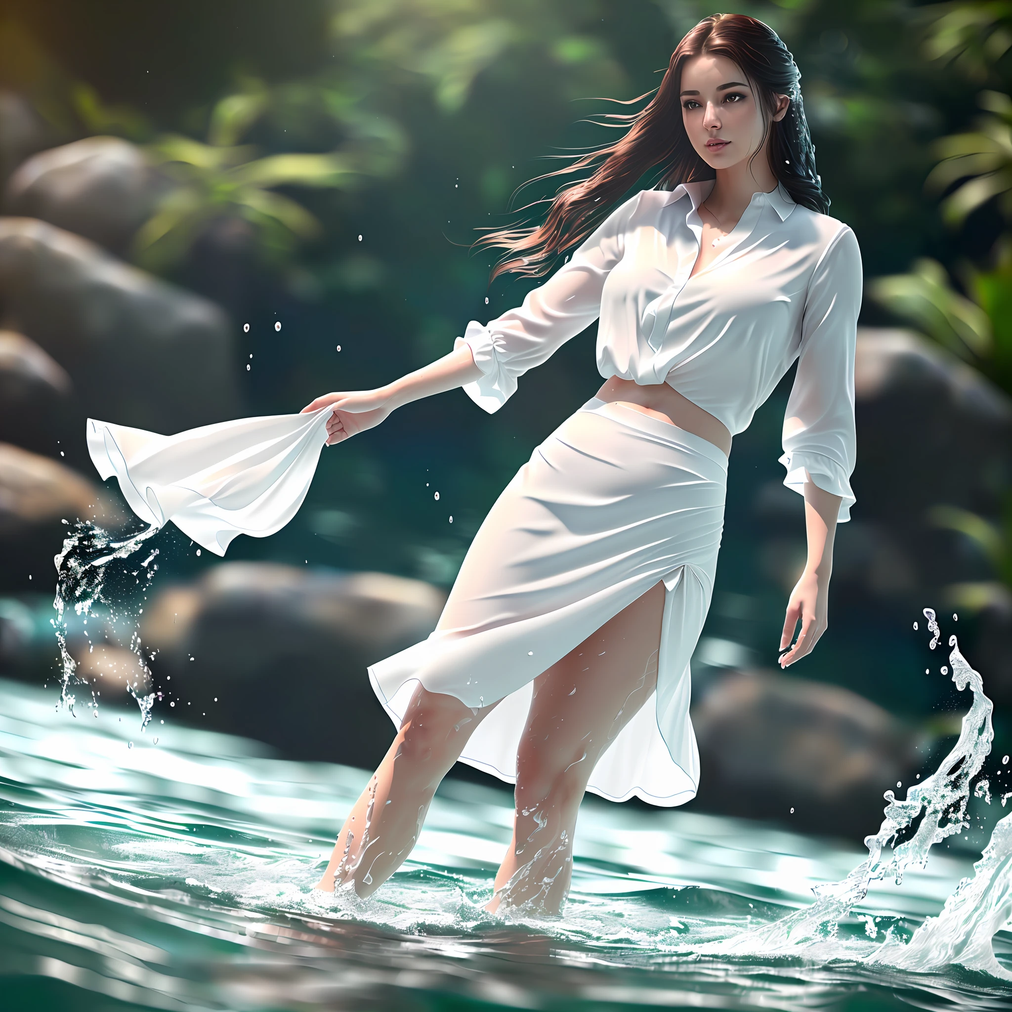 splash photography of a beautiful woman in the water, wearing white blouse and long tight skirt, long hairs, splash photography, breakthrough the water surface, water splashing, highly detailed, photo realistic, unreal engine, octane render, 8k resolution