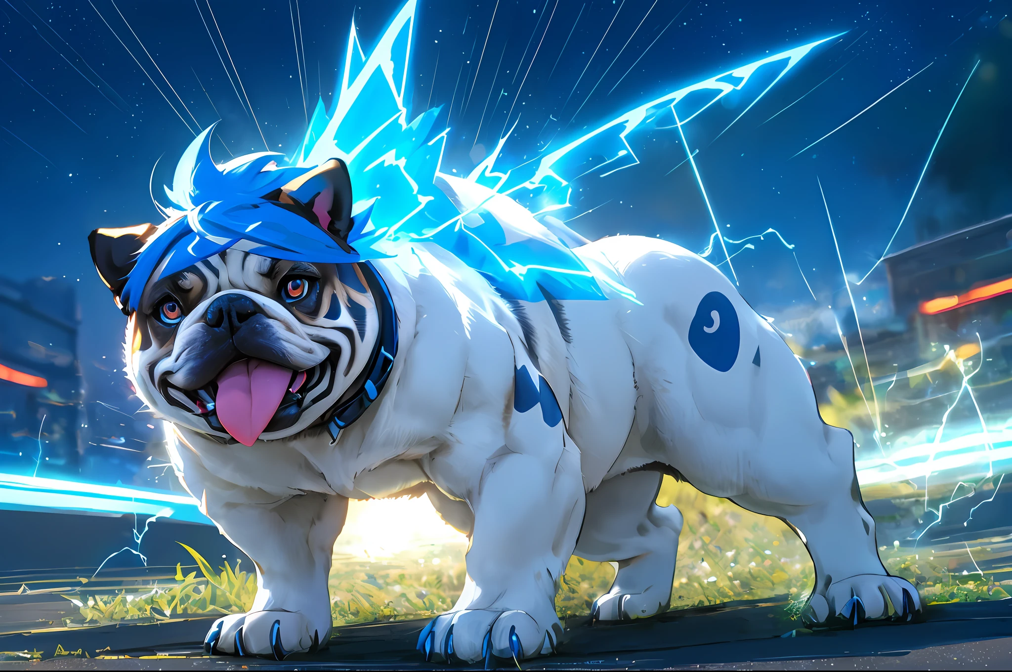 Electrified Pokemon with the appearance of the electric English bulldog breed, with bright bright electric blue hair, large claws, glowing bright eyes, and a distinctive mark on the forehead that emanates electrical energy. The pokemon is in a hazy atmosphere, surrounded by electricity and emitting electric rays, with a futuristic neon cityscape in the background. ((HD)) ((4K)) ((tongue out) ((cheerful and energetic appearance)) ((symmetrical)) ((detailed body)) (drawing style by Ken Sugimori)) ((artwork)) ((legendary)) ((On all fours)) ((drooping and rounded ears)) ((fat))