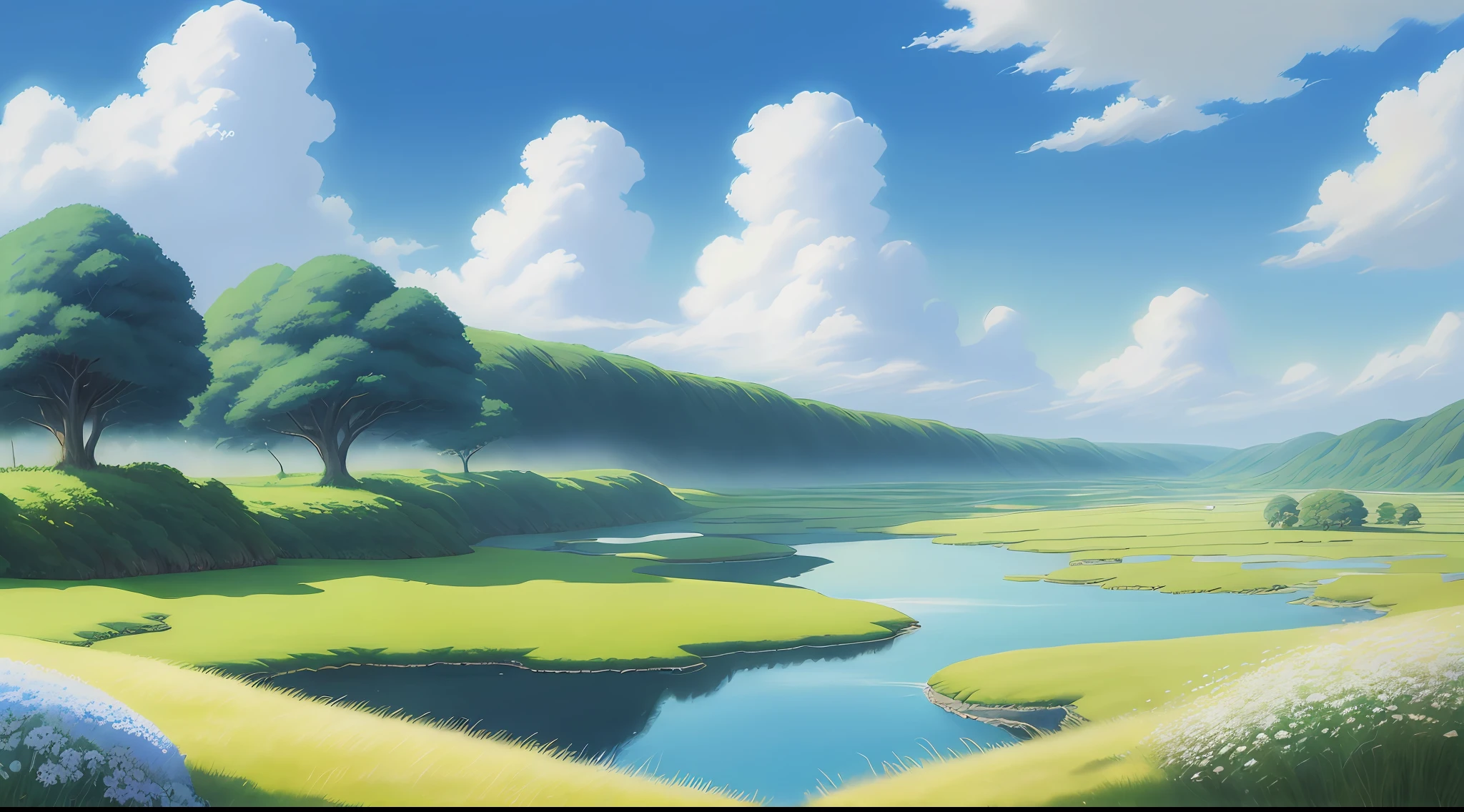 Realistic, authentic, beautiful and amazing landscape oil painting Studio Ghibli Hayao Miyazaki's petal grassland with blue sky and white clouds --v6