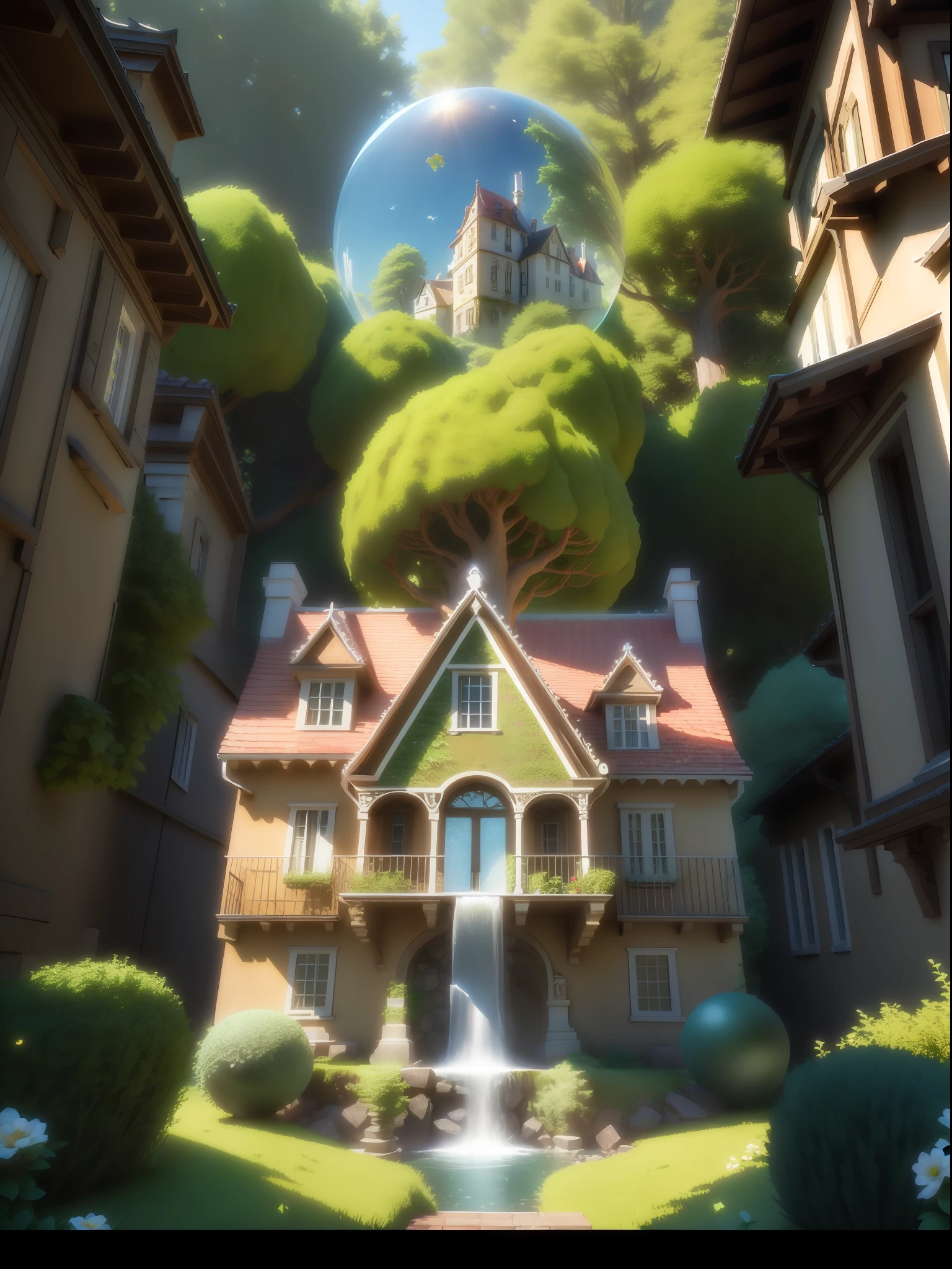 Close-up of small baroque house with tree in garden, detail, stylized 3d rendering, stylized 3d rendering, stylized concept art, stylized 3d rendering, stylized game art, fantasy house, isometric 3d fantasy cute house, super detailed color lowpoly art, stylized 3d, 3d stylized scene, flowers, river, waterfall, sphere transparent, detail,