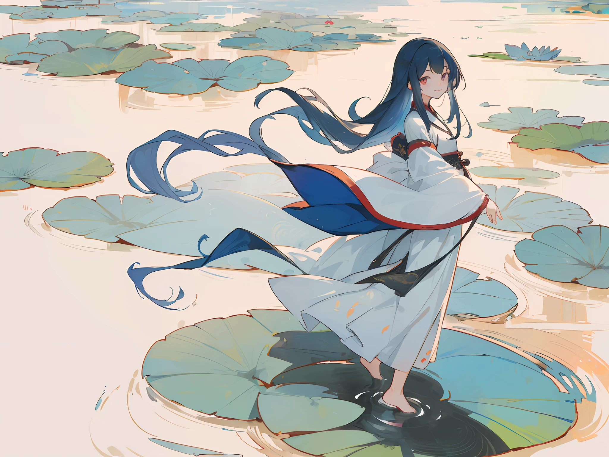 ((4k,masterpiece,best quality)), shuimobysim, traditional chinese ink painting, lotus, hanfu, maxiskit, dress conservatively 1girl, solo, long blue hair, smile, standing, feet in the water, barefoot,