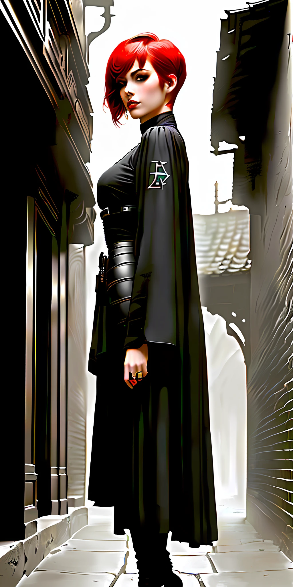 portrait, masterpiece, best quality, (empire style), (future theme, limited palette:1.3), (vampire 1girl, dynamic pose, two glock, tactical armor, light, wind, neon Abaya, death, red haircut, red pixie haircut, perfect face, blue eyes), medium breasts, (highly detailed), (perfect face),(eyelashes)), (realistic), thick lips, sanctuary, stain color, dark alley background, runes, by Jeremy Lipking,  by Antonio J. Manzanedo, by Frederic Remington, by H. W. Hansen, by Charles Marion Russell