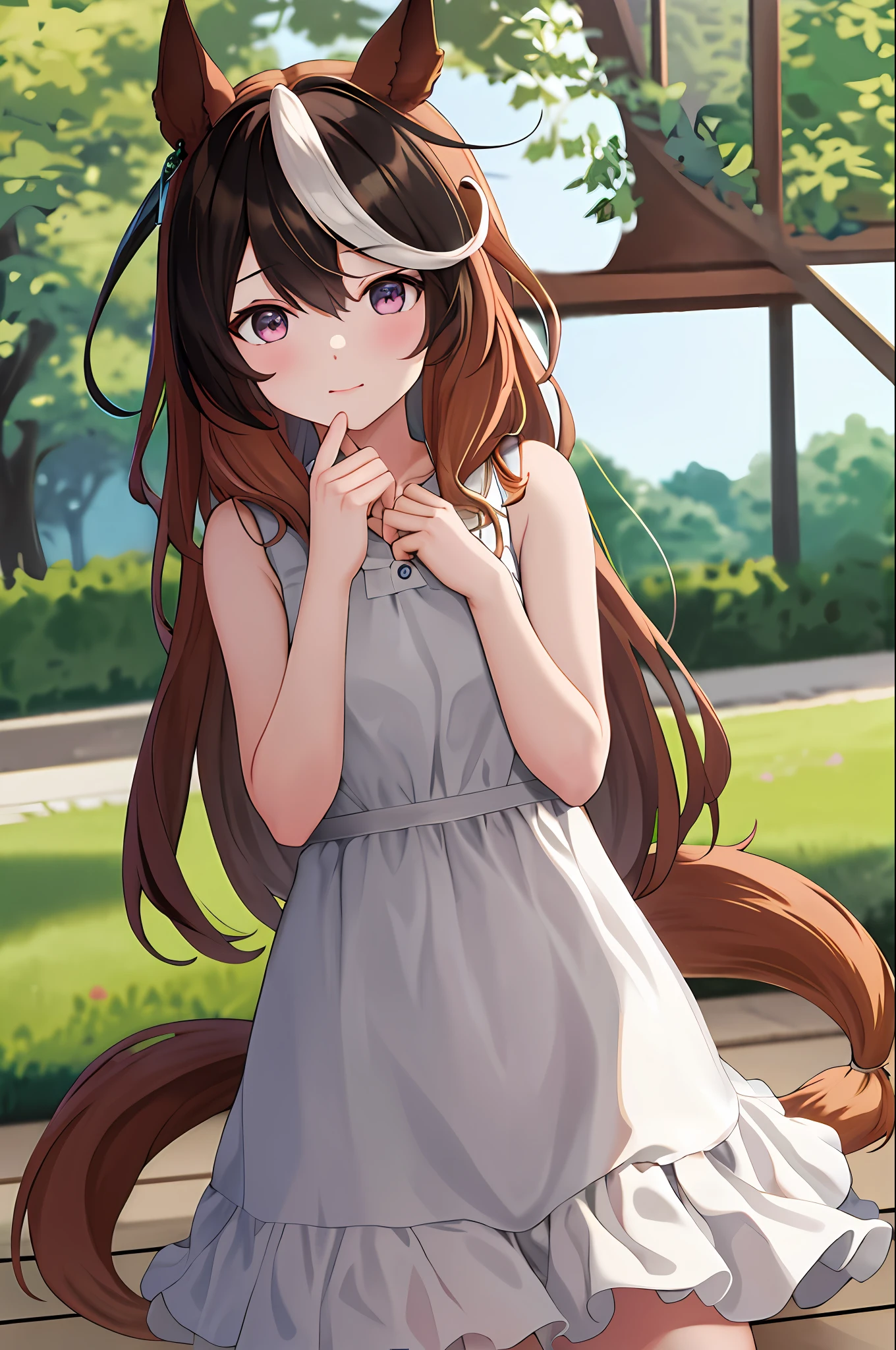 Masterpiece, Best Quality, High Resolution, HMsymbo, 1girl, Animal Ears, Striped Hair, Horse Tail, Girl About 5 years old, White dress, Sleeveless