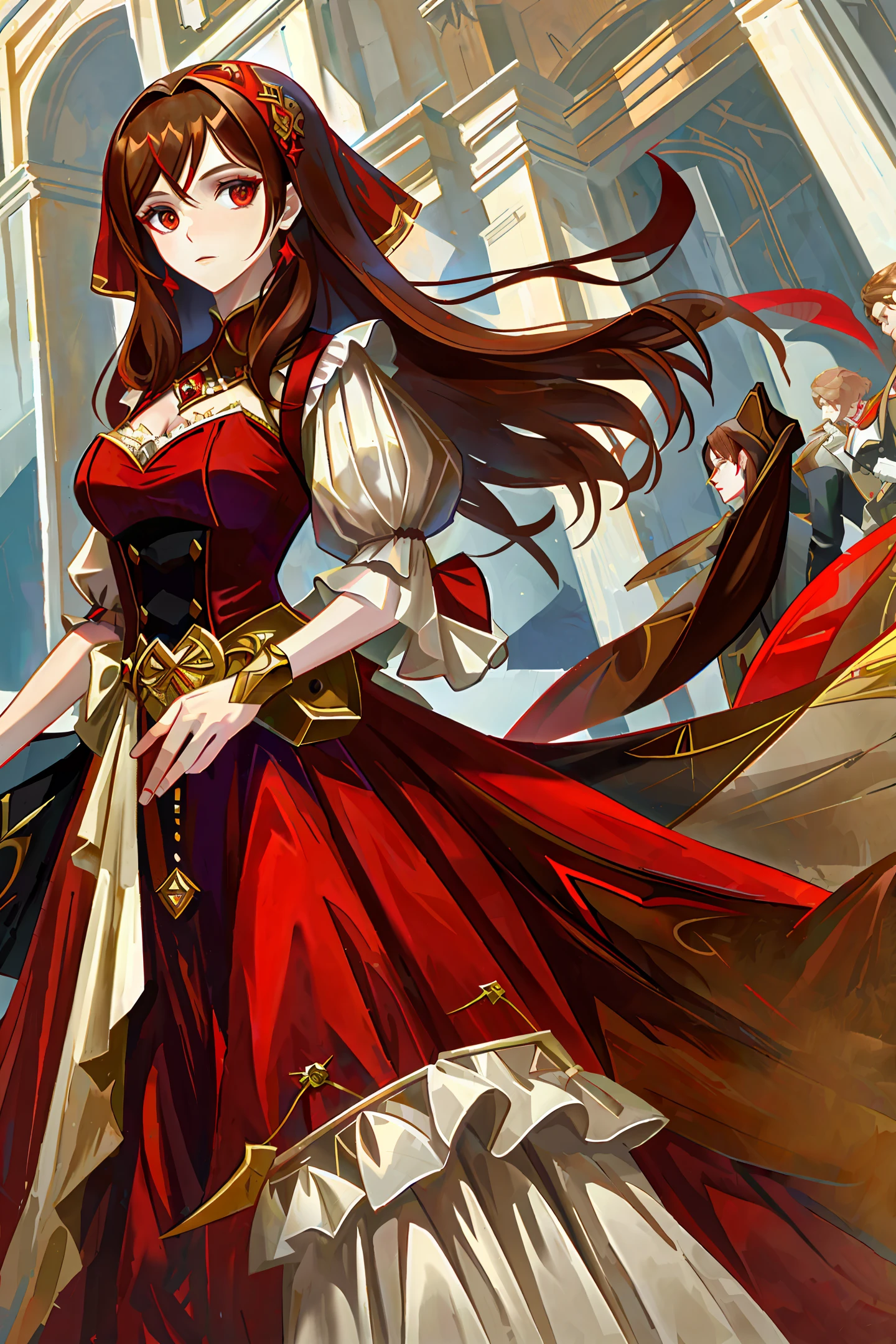 Caucasian woman with red dress, brown hair, gala mask