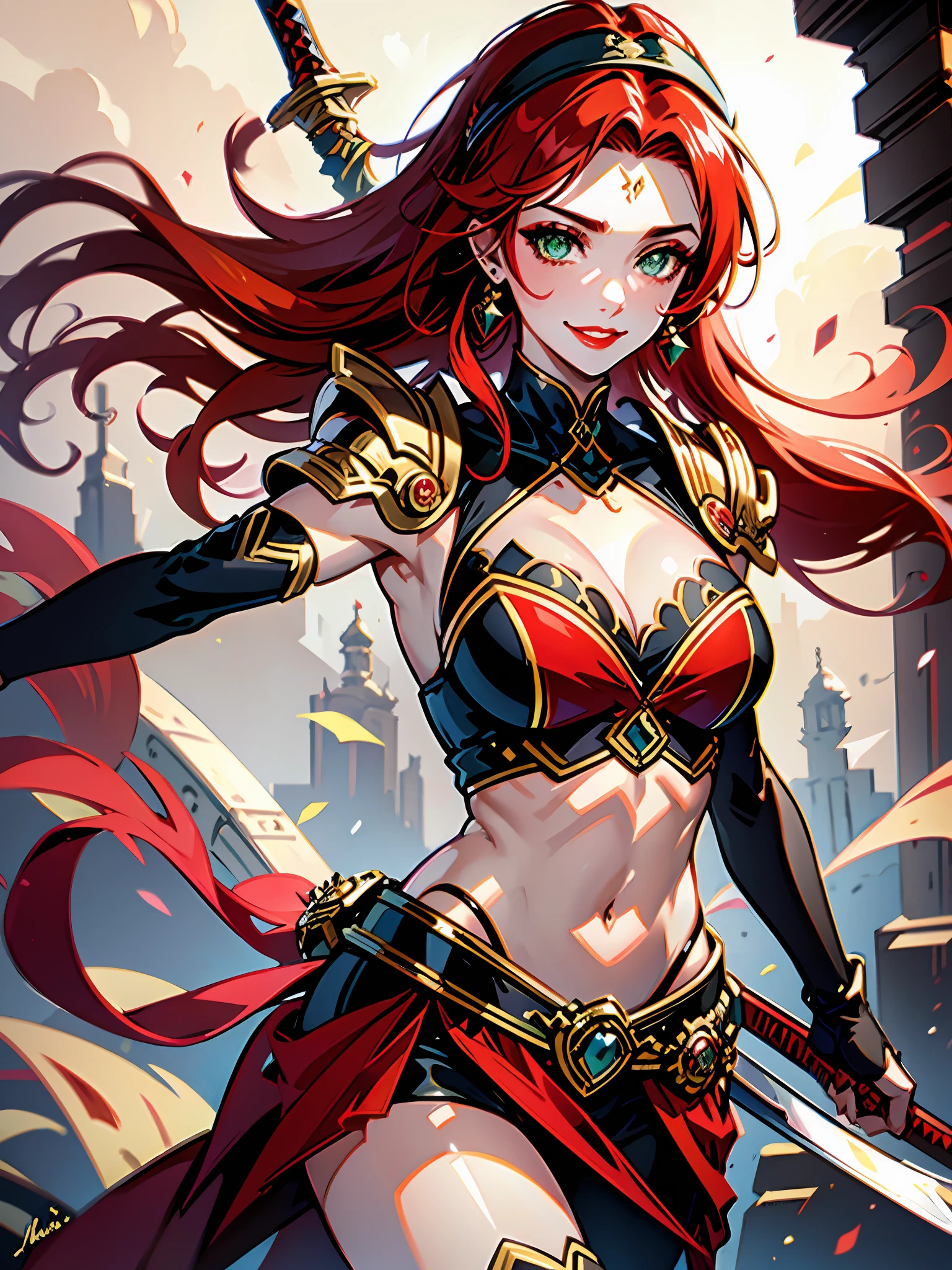 Niji Style Lora, masterpiece, best quality, 1girl, solo, breasts, green eyes, red hair, long hair, weapon, navel, lipstick, large breasts, gloves, makeup, sword, earrings, jewelry, headband, choker, cleavage, armor, lips, elbow gloves, very long hair, signature, red lips, smile, upper body, holding, looking at viewer