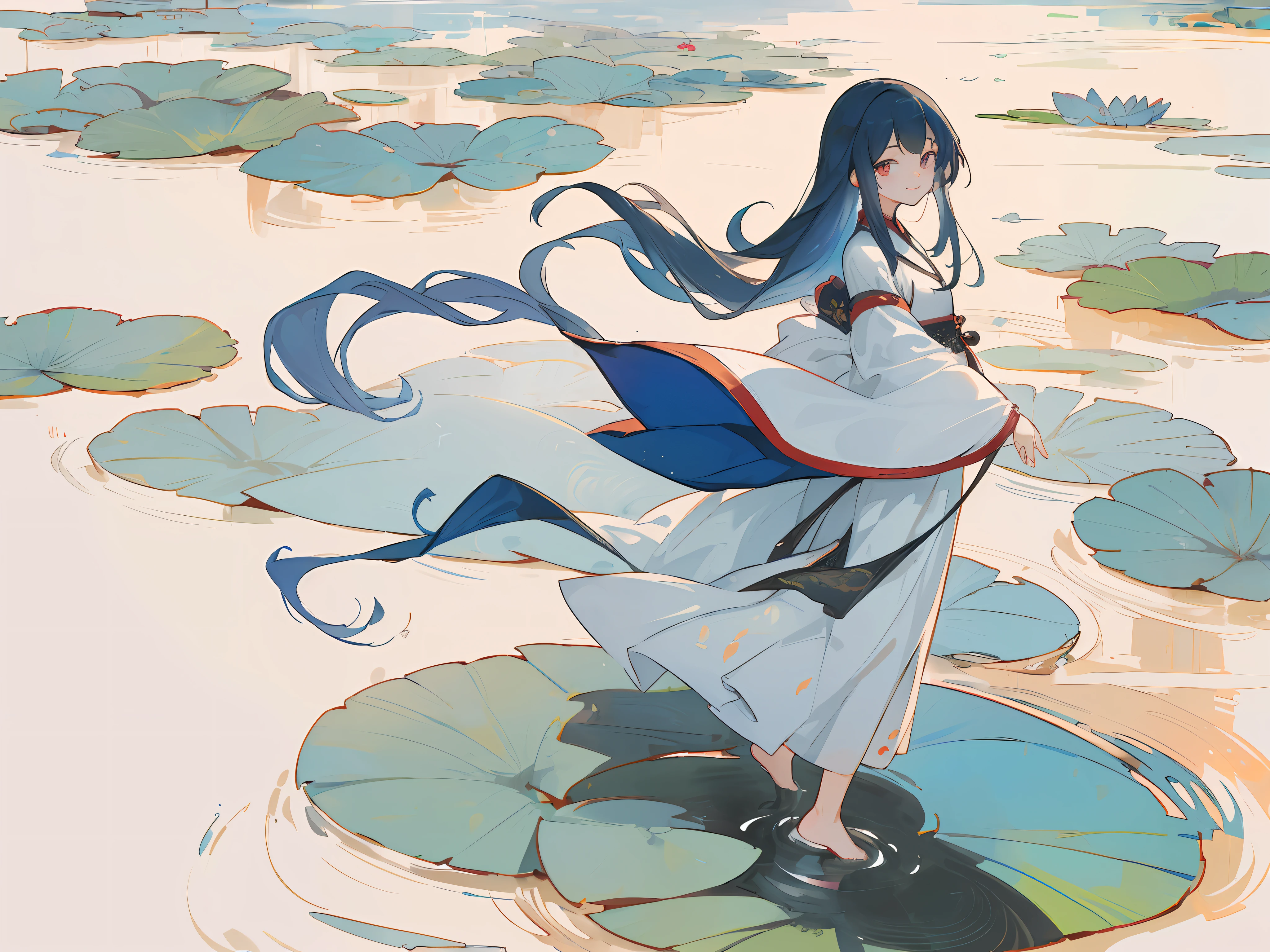 ((4k,masterpiece,best quality)), shuimobysim, traditional chinese ink painting, lotus, hanfu, maxiskit, dress conservatively 1girl, solo, long blue hair, smile, standing, feet in the water, barefoot,