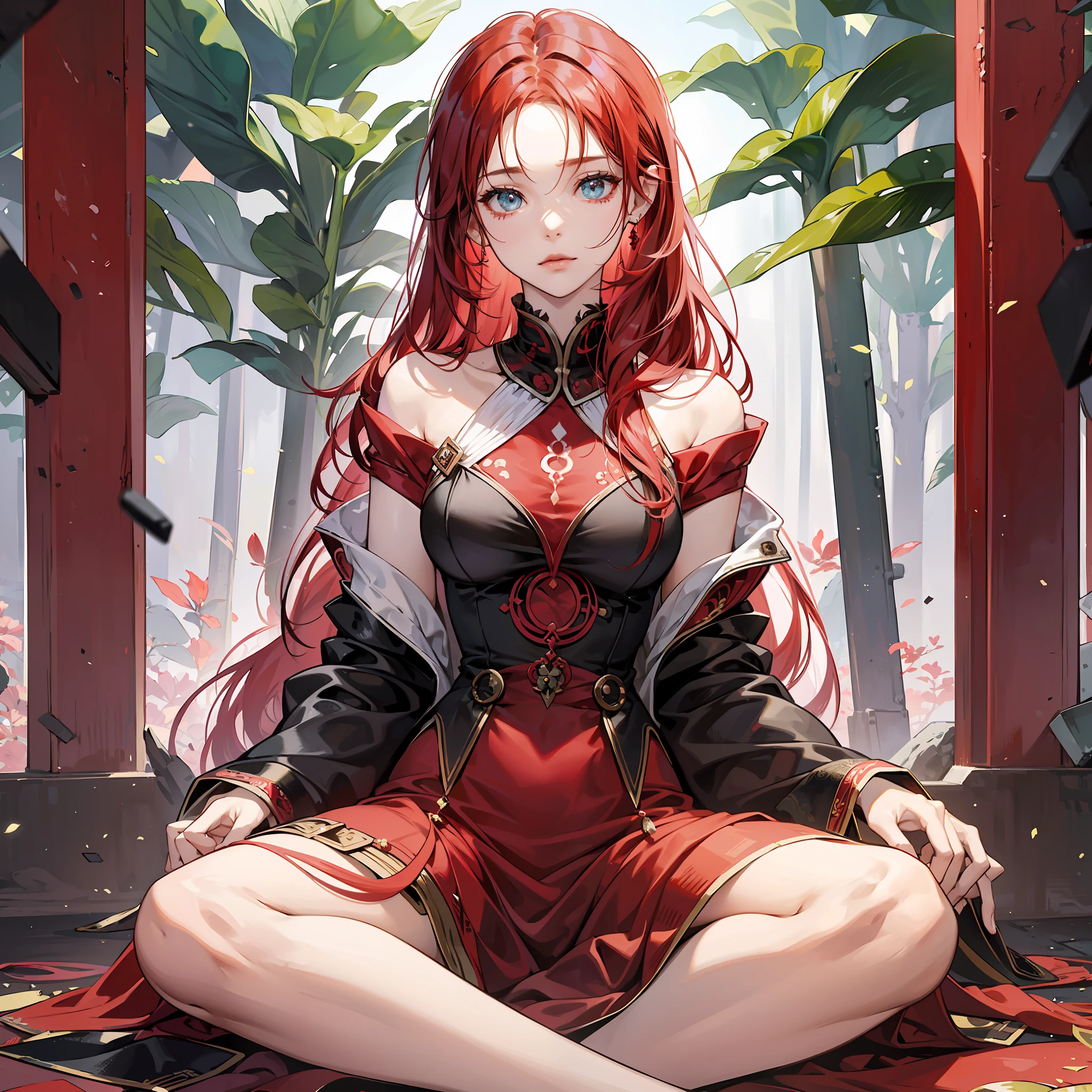 a real, 8k woman named Sophia Crimson. She has messy red hair that falls disorderly over her shoulders. His eyes are green, deep, and mesmerizing. She is sitting in a relaxed, meditative pose. His facial expression is serene, conveying an air of tranquility. Dress her in comfortable, slightly loose clothes that flow around her as she meditates. with a slight mist or glow around you. Pay attention to the details of her hair, eyes, and body posture to portray Sophia Crimson in a charming way. Let your creativity soar and create a captivating image of this mysterious woman in your moment of meditation --auto --s2