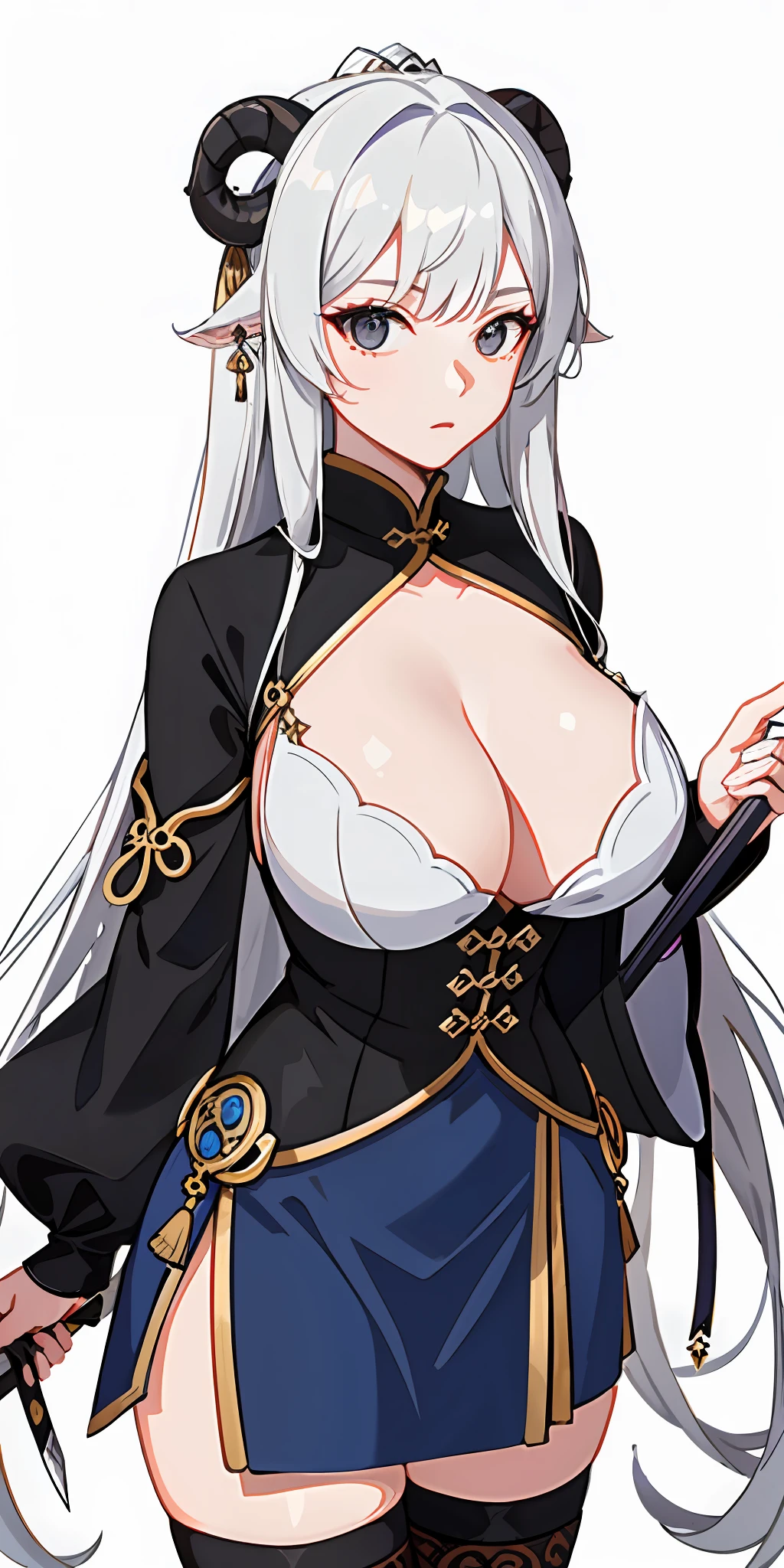 (top quality, masterpiece, background white) gray hair, Chinese style costume, Genshin, black eyes, sheep horn, older sister, bangs tail, expressionless, apothecary, dark blue clothes, one-handed sword, huge, cleavage, tights, long bangs