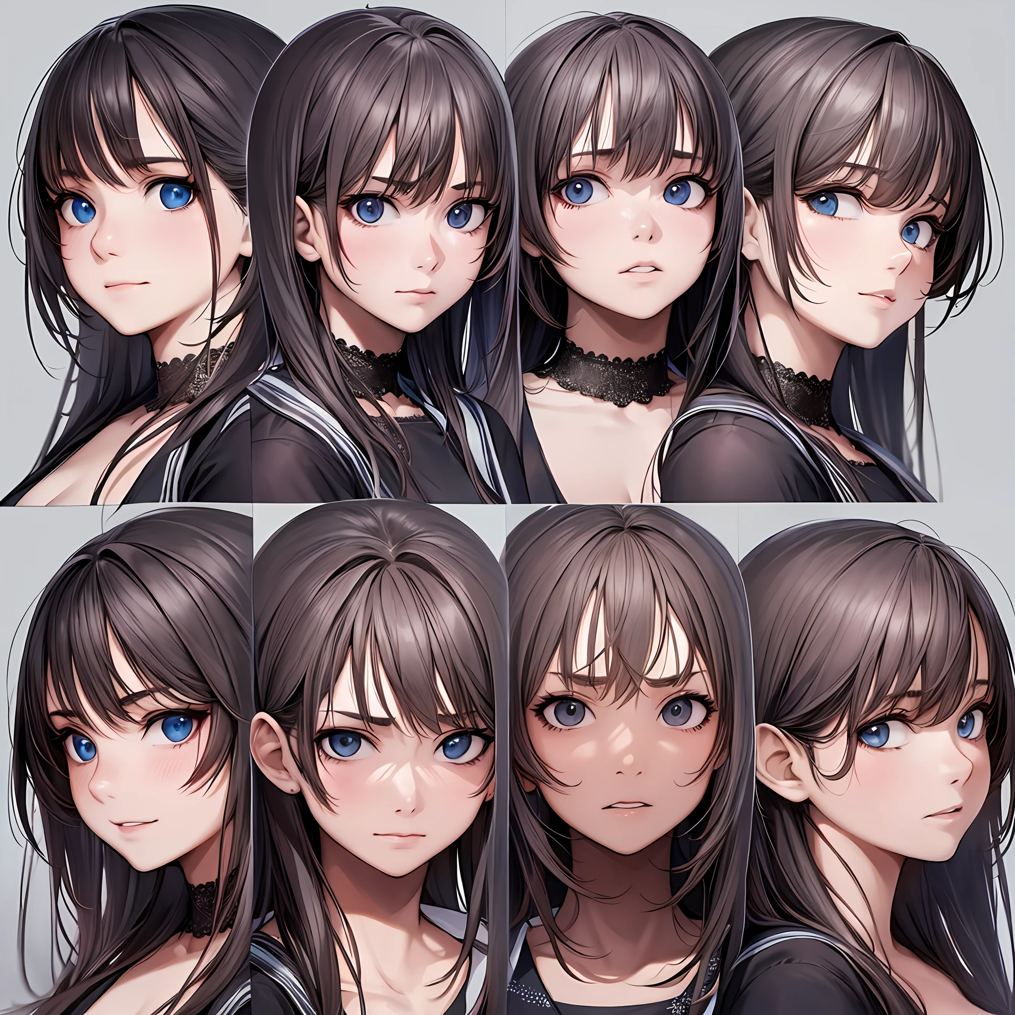 a closeup of a girl with different expressions on her faces profile, facial expression, cute expression, different expression, facial expression showing throat, facial expressions, full of expressions, detailed facial expressions, detailed facial expression, realistic facial expression, full of expressions, she has a beautiful expressive face, confused facial expression, 2d, masterpiece, best quality, anime, highly detailed,  full body, standing,grey background, simple background --auto --s2