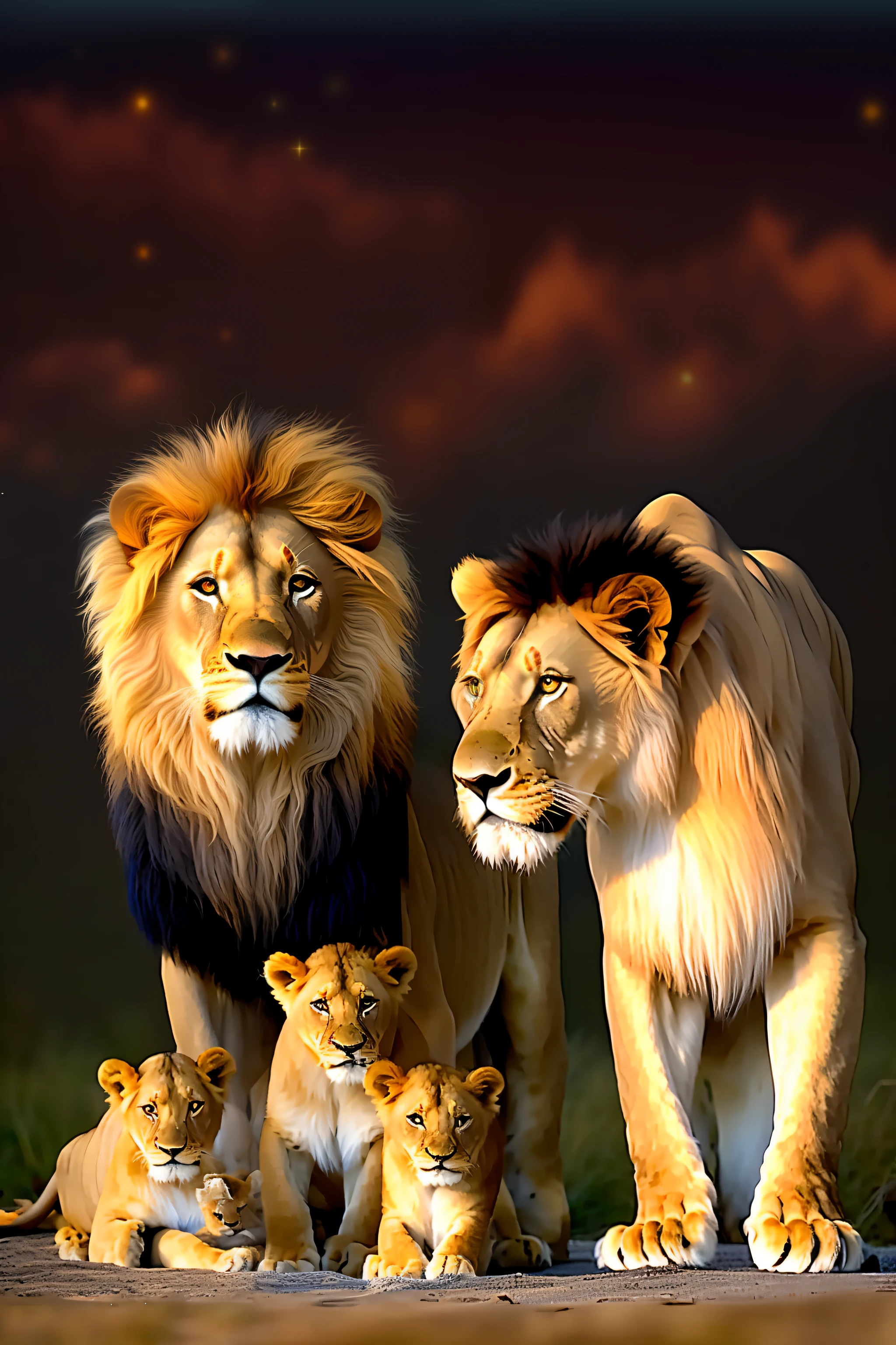 there are a lot of lions that are standing together, lions, family portrait, proud look, proud look, happy family, lion, by Tadashi Nakayama, trend,, against a deep black background, mane, majesty, in the background with very starry sky, family photo, pride, simba, pride, amazing art, by Robert Childress, photo of a beautiful