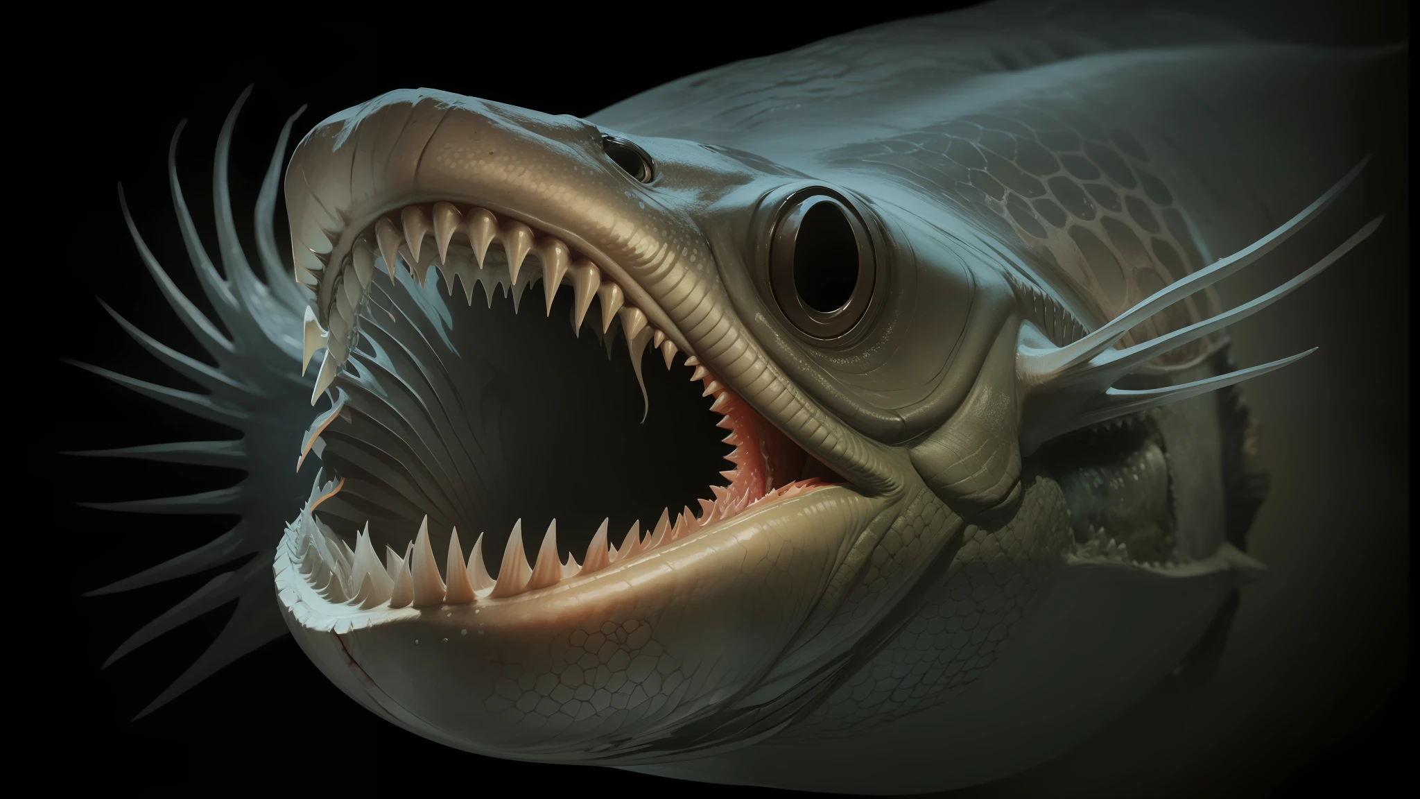 arafed fish with open mouth and sharp teeth with sharp teeth, deep sea picture, scary fish, realistic paleoart, large mouth with teeth, deep sea fish, scary sea monster, you looking into the maw, deep sea creature, the jaw showing the teeth, dagon, deep sea monster, prominent jaw and visible fangs, showing teeth, deep sea creatures --auto --s2