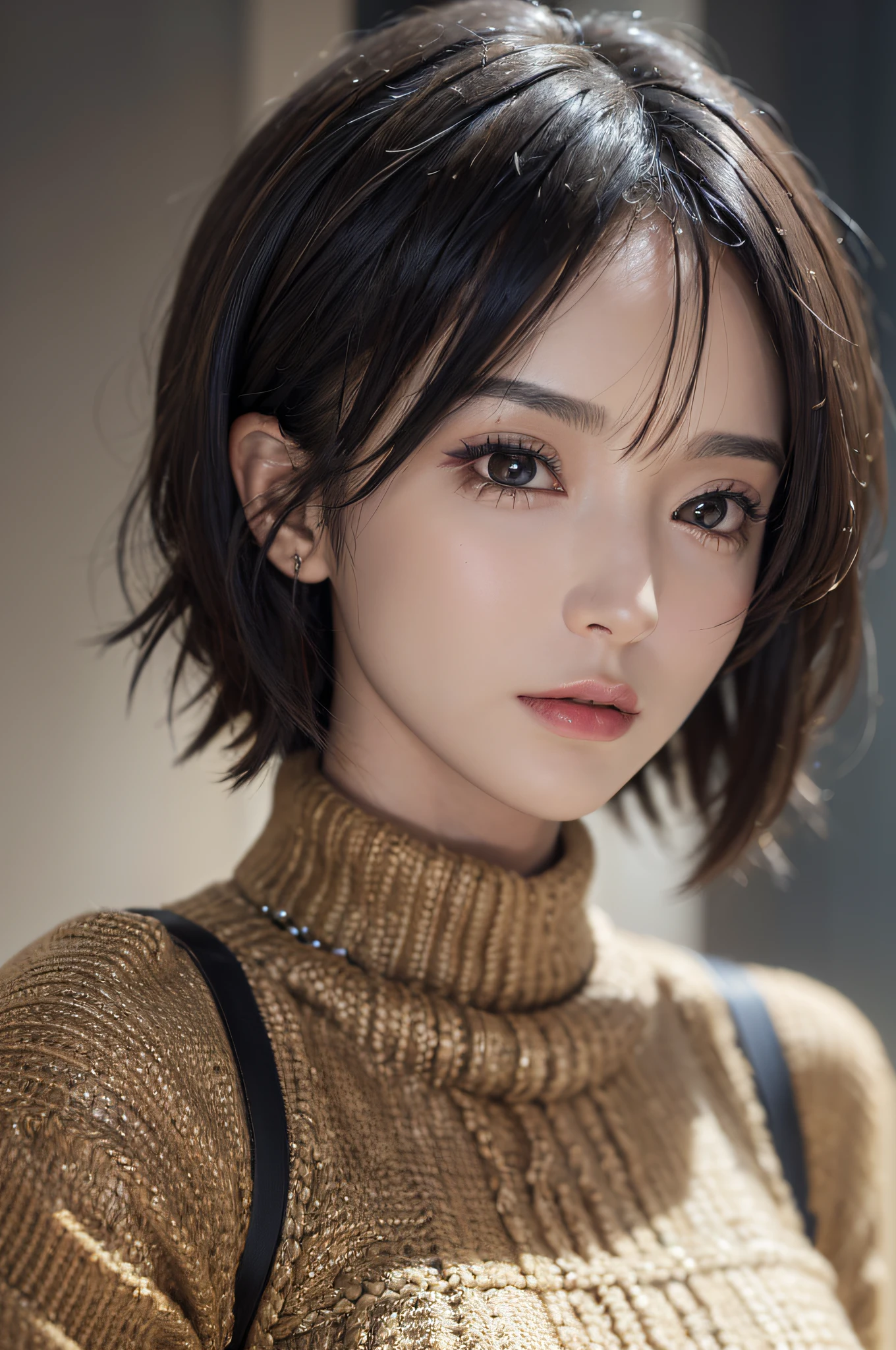 (masterpiece:1.3), (8k, photorealistic, RAW photo, best quality: 1.4), (1girl), beautiful face, (realistic face), (black hair, short hair:1.3), beautiful hairstyle, realistic eyes, beautiful detailed eyes, (realistic skin), beautiful skin, (sweater), absurdres, attractive, ultra high res, ultra realistic, highly detailed, golden ratio