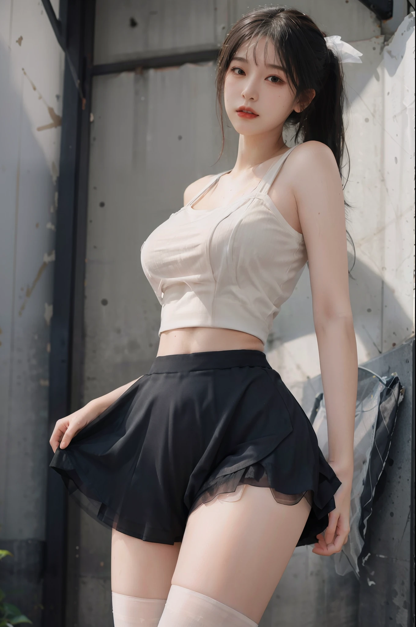 Masterpiece: 1.2, Best Quality), Realism, (Real Pictures, Rich Detail Detail, Depth of Field), (1 Girl, Solo), Makeup, High Detail, Perfect Face Shape, (: 1.4), (Skin Dents), Thick Thighs, Broad Buttocks, Thin Waist Thin, High, Coral, Red Lips, Red Eyes, Ponytail (Girls, Shallow Tulle, Tulle Transparent), (Sweat: 1.2), (Wet), Sexy, Blush, (Shy Expression), Tank Top, Suspenders, Belly Pocket, Shorts, Yoga Pants, Tight Short Skirt, Tight Shorts, stockings, fishnet socks, pajamas, pleated skirts, skirts, hip skirts, flowers on clothes,