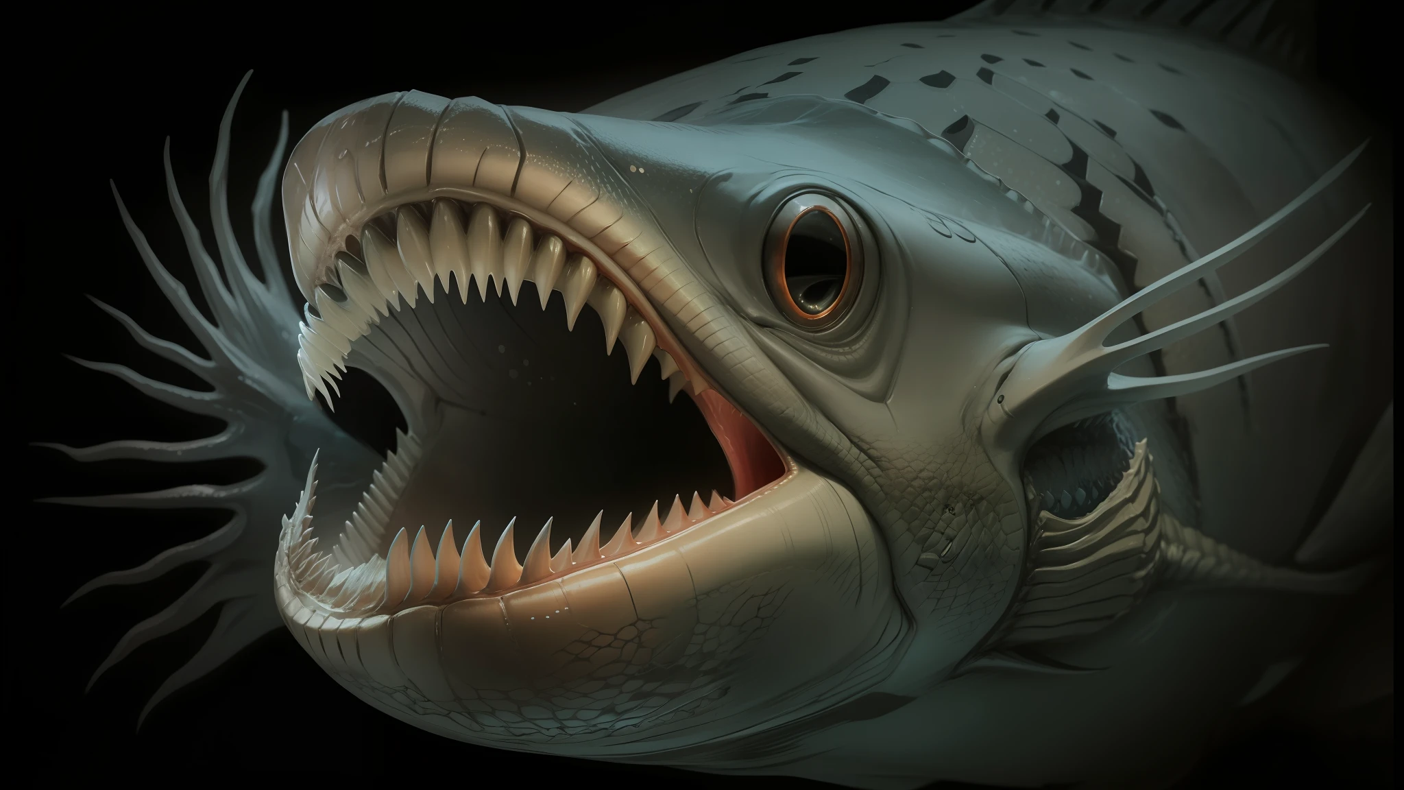 arafed fish with open mouth and sharp teeth with sharp teeth, deep sea picture, scary fish, realistic paleoart, large mouth with teeth, deep sea fish, scary sea monster, you looking into the maw, deep sea creature, the jaw showing the teeth, dagon, deep sea monster, prominent jaw and visible fangs, showing teeth, deep sea creatures --auto --s2