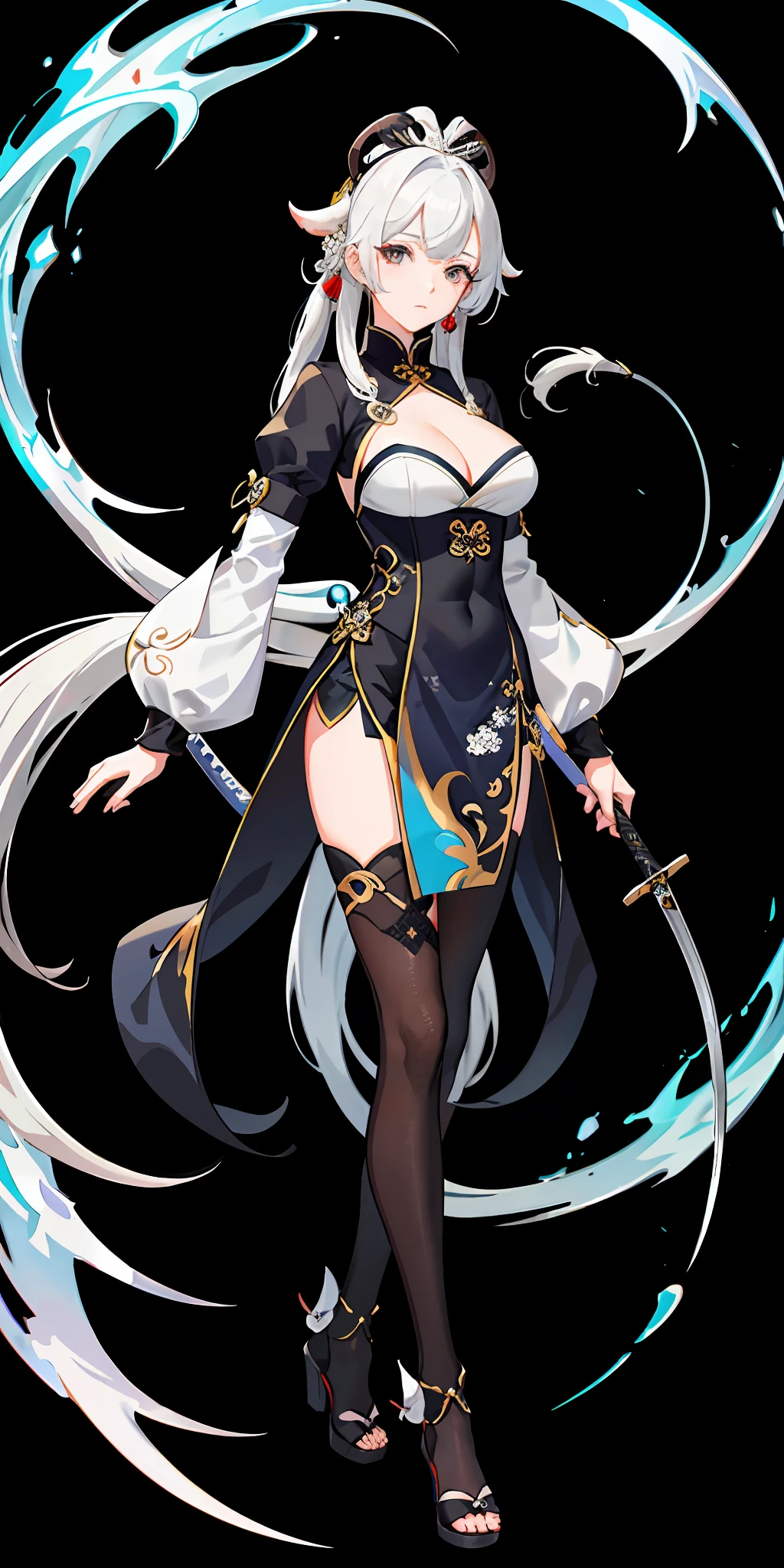 (top quality, masterpiece, background white) gray hair, Chinese style costume, Genshin, black eyes, sheep horn, older sister, bangs tail, expressionless, apothecary, dark blue clothes, one-handed sword, huge, cleavage, tights, long bangs, cleavage, ephemeral look, cheongsam