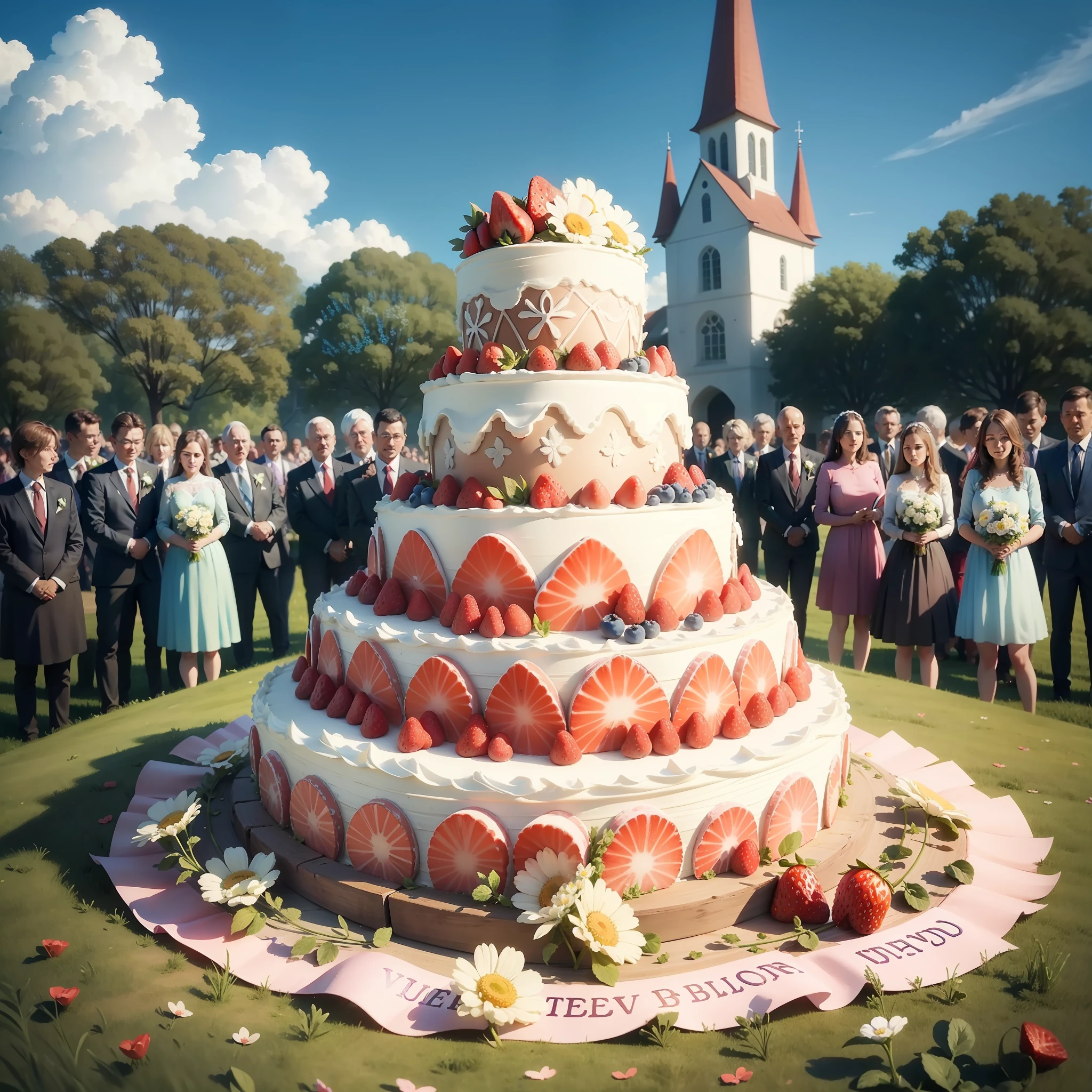 On a flower meadow there is a huge heart-shaped wedding cake under a blue sky, strawberries are spread out on the cakes and colorful butterflies circle the cake, in the background there is a village church with a large crowd in front of it --auto --s2