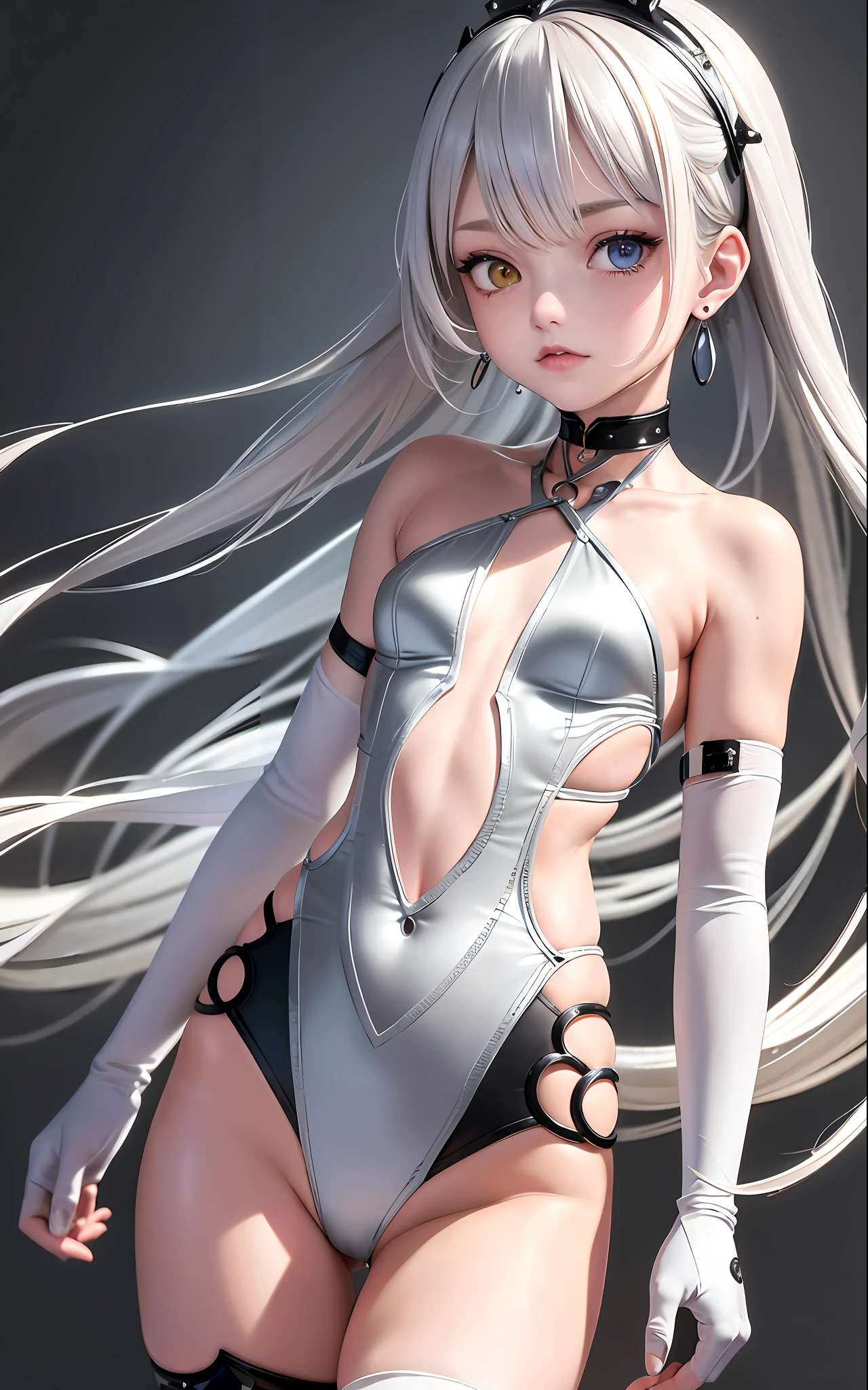 Best, Masterpiece, High Resolution, Best Quality, Ultra HD, Super Detail, Award-Standing, 16k, (Upper Body), Beautiful Maiden, Gray Hair, Hair, ((Heterochromia)), Hanging Corners, Fair Skin, (Small), (Slim Body), ((Protective Clothing)), Stud Earrings, (Neck Rings), (Short Gloves as Short as Half the Palm)