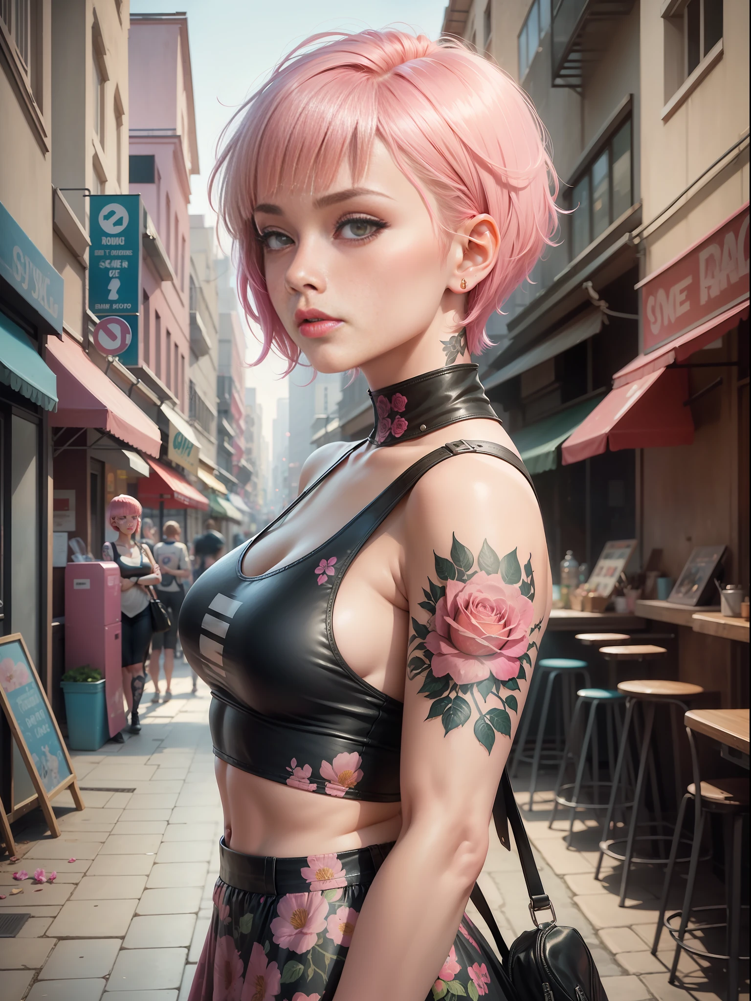 Young woman with tattoo of a floral rose on her arm, asymmetrical bangs, short hair, pink hair, bangs, looking at the viewer, background: alley in comic book city, in the style of 90s comic book art, super detailed, precise illustration, clean lines,