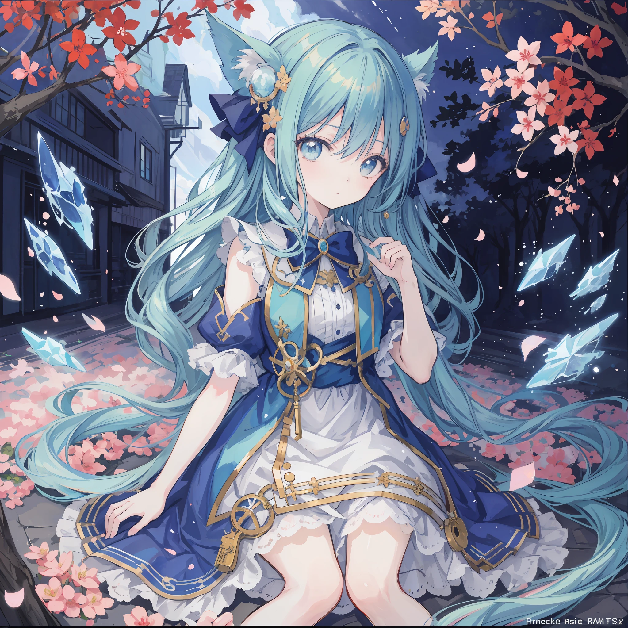 anime girl with long blue hair and blue dress in front of a tree, official anime artwork, official artwork, detailed key anime art, high detailed official artwork, official art, beautiful fantasy anime, trending on artstation pixiv, azure sky, mikudayo, anime fantasy artwork, nightcore, by Kamagurka, moe, beautiful anime artwork, alchemist girl