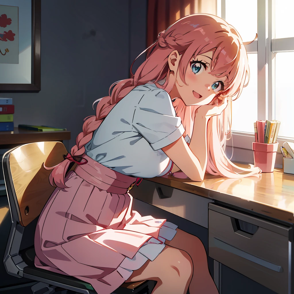 Anime illustrations in the style of "Kyoto Animation", highest quality, (cute: 1.1), (cute), (high resolution: 1.2), incredibly ridiculous: 1.3, incredibly fine illustrations, break 1 beautiful girl, Solo, (heterochromia, light blue eyes and light green eyes), silhouette of star eyes, solo, standing figure, happy, :d, princess eyes, big breasts, break, braid, light pink hair, semi-long hair, red ribbon at the end of braid, sitting at desk, Side angle, looking at PC, Looking at iPhone, office, worried
