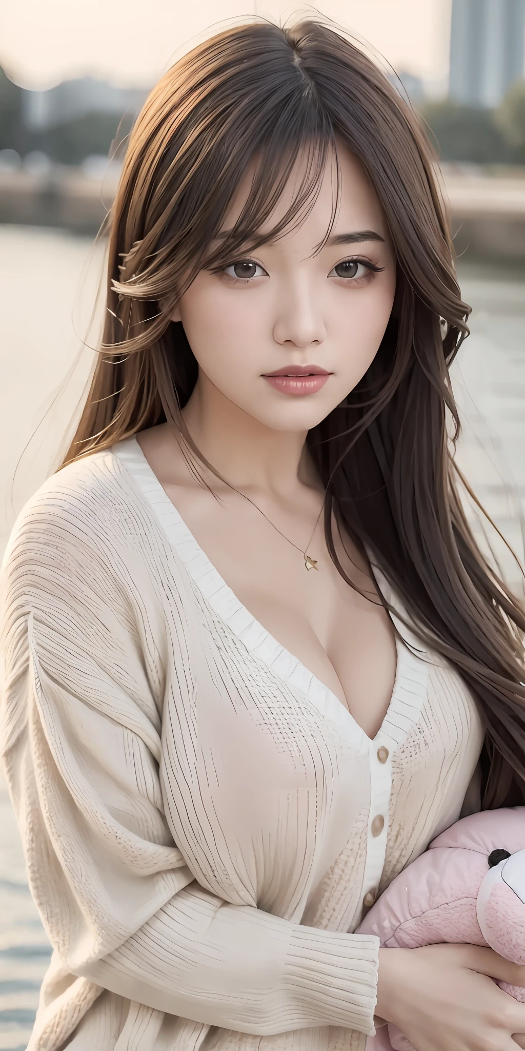 1girl walking on the river, mix4, sweater, pillow, lips, open_mouth, realistic, photo_\(medium\), solo, stuffed_animal, stuffed_toy, teddy_bear,(masterpiece),(photorealistic:1.3), ultra-detailed, (high detailed skin:1.2),(best quality:1.0), (ultra highres:1.0), (ulzzang-6500:0.3), wavy detailed hair, long hair, sunshine, (beautiful detailed makeup), (sexually aroused blushing heavy breathing:1.0), floral theme flower petals scattered, (soft glow bloom:0.5)
