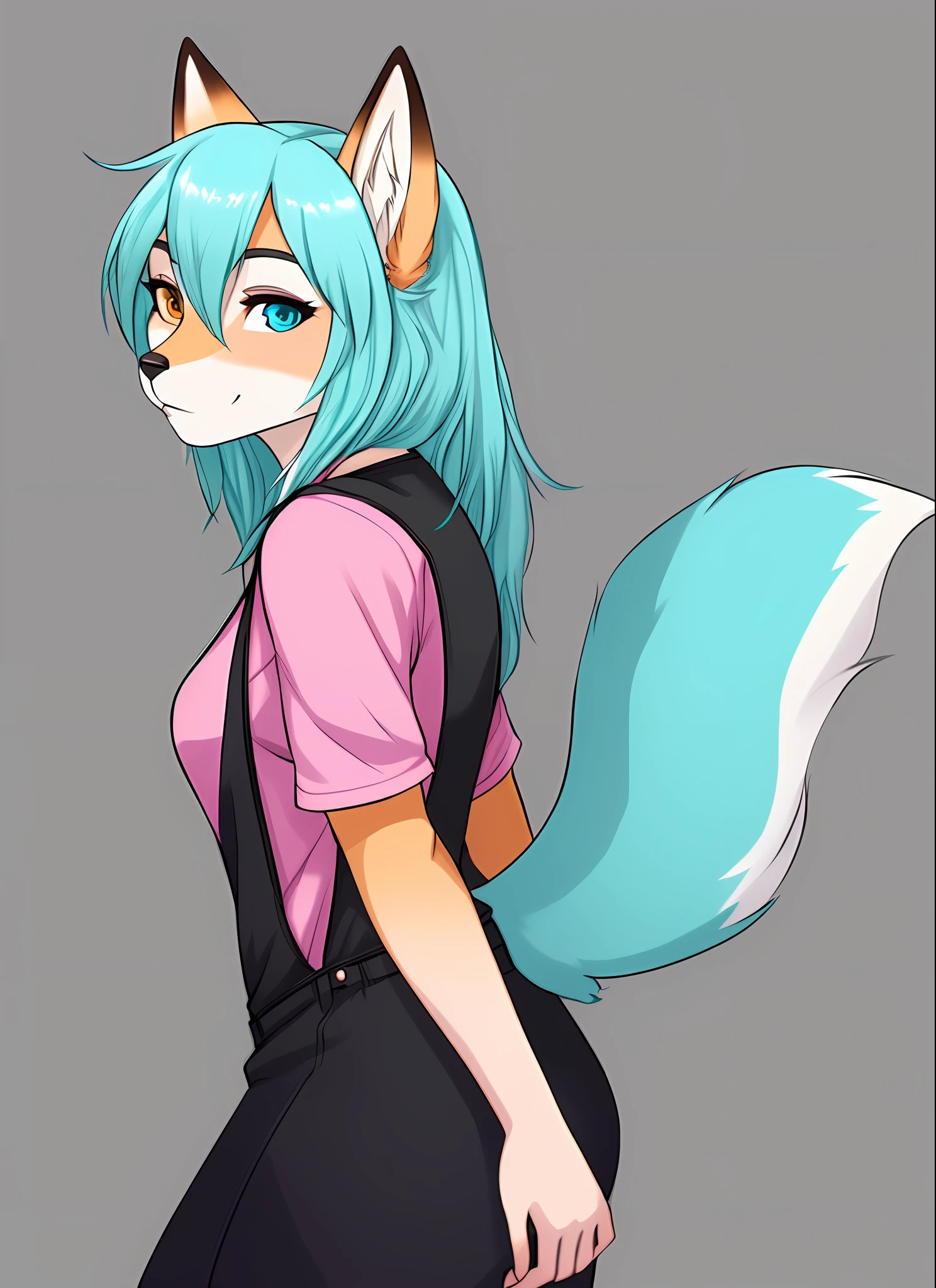 Hairy female, fox, anthropomorphic, Caauda, fox ear, white and cyan hair, pink shirt, black jumpsuit, Alone, brown and blue heterochromia,