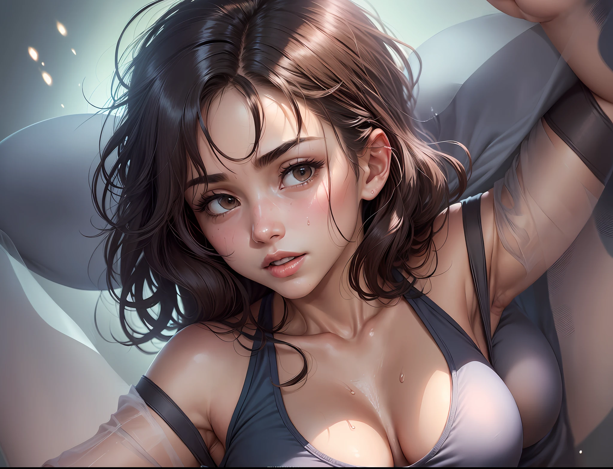 (breasts: 1.2, chest: 1.1, sweat: 0.9, armpits, camisole vest, face hidden), (focus on chest), (blur effect: 0.8), details: light-absorbing texture, tights texture. --auto --s2