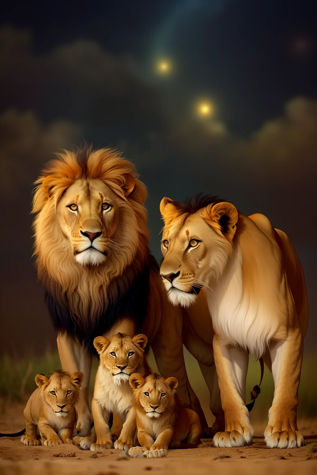 there are a lot of lions that are standing together, lions, family portrait, proud look, proud look, happy family, lion, by Tadashi Nakayama, trend,, against a deep black background, mane, majesty, in the background with very starry sky, family photo, pride, simba, pride, amazing art, by Robert Childress, photo of a beautiful