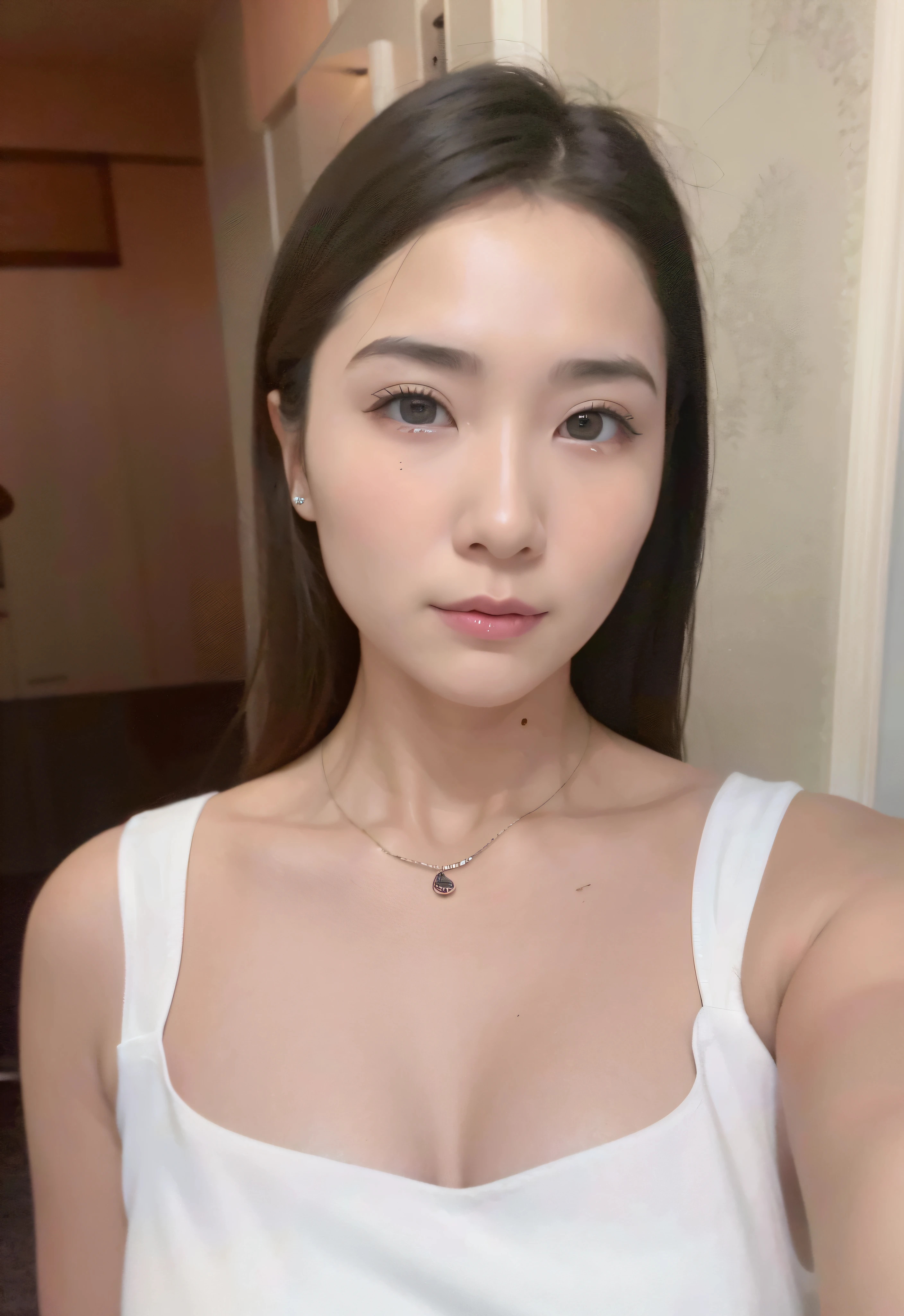 There is a woman posing for a photo in a white vest with pale milky porcelain skin, 2 to 2 years old