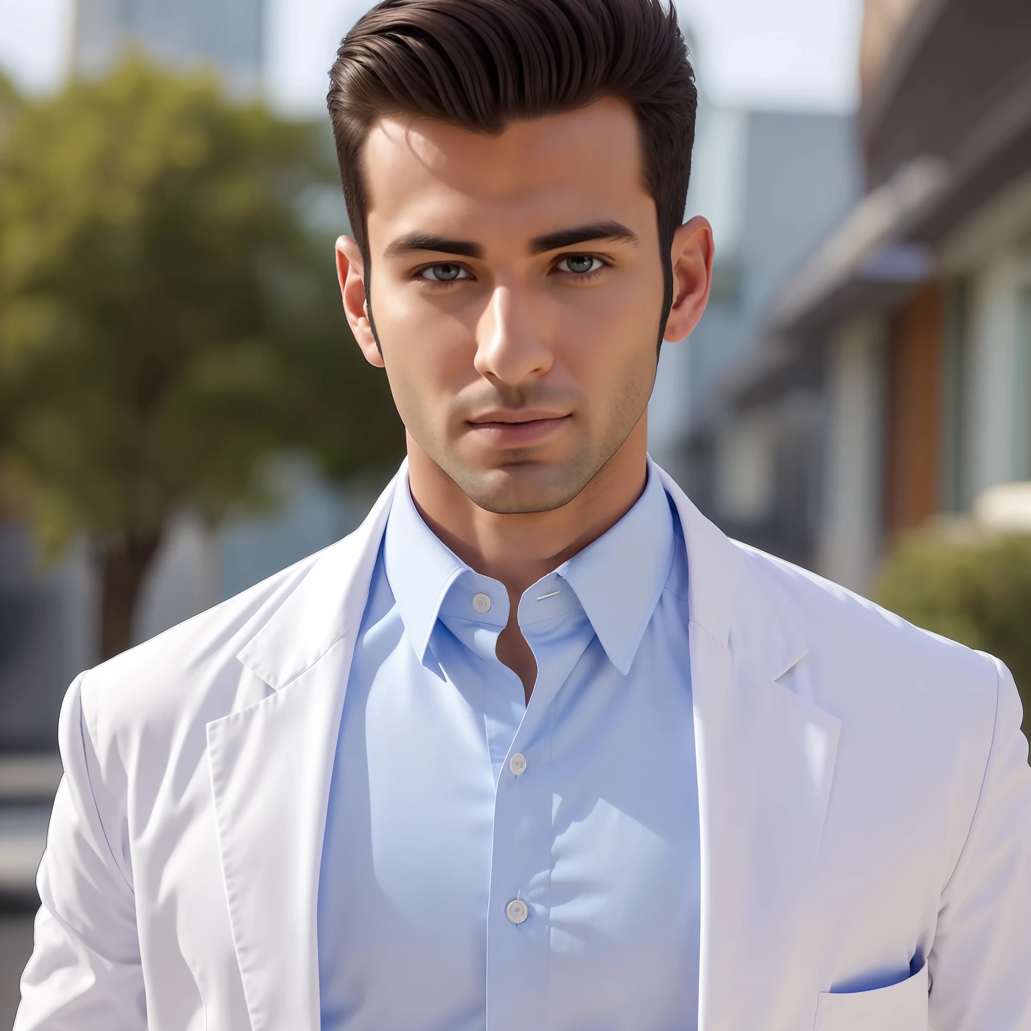 arafed man with a white coat and blue shirt looking at the camera, handsome attractive face, beautiful male face, modern haircut, short stubble, attractive male, young man with beautiful face, well-groomed model, male face, perfect handsome face, attractive facial features, short facial hair, handsome male, masculine face, good looking face