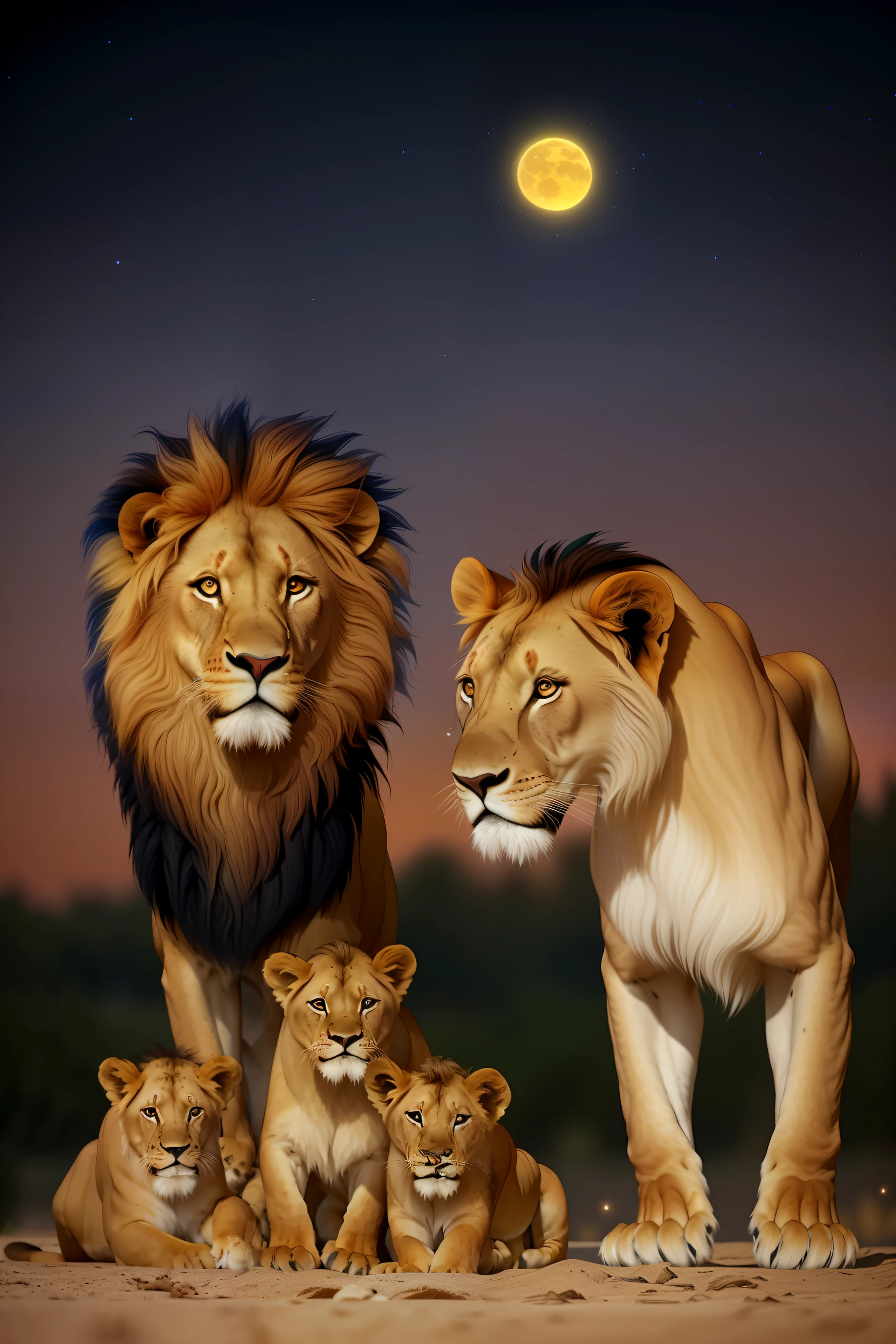 there are a lot of lions that are standing together, lions, family portrait, proud look, proud look, happy family, lion, by Tadashi Nakayama, trend,, against a deep black background, mane, majesty, in the background with very starry sky, family photo, pride, simba, pride, amazing art, by Robert Childress, photo of a beautiful