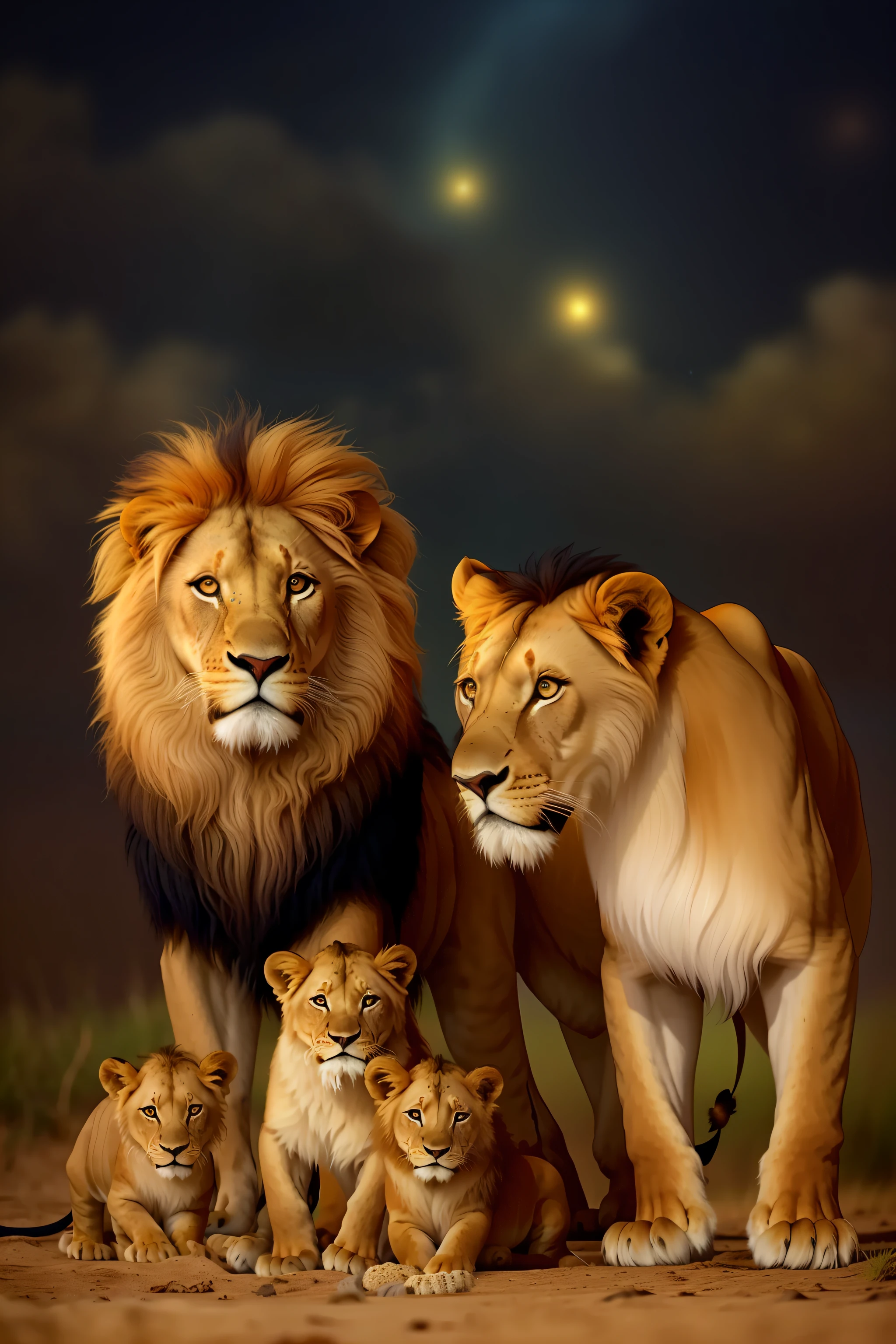 there are a lot of lions that are standing together, lions, family portrait, proud look, proud look, happy family, lion, by Tadashi Nakayama, trend,, against a deep black background, mane, majesty, in the background with very starry sky, family photo, pride, simba, pride, amazing art, by Robert Childress, photo of a beautiful