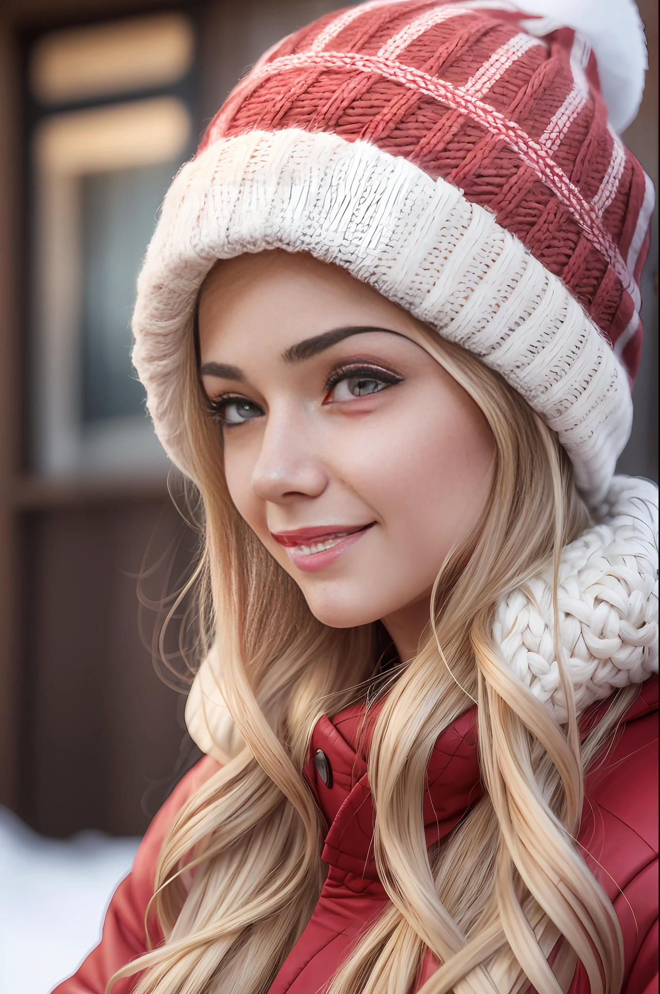 absurdres, RAW photo, highest quality, (masterpiece: 1.3), high detail RAW color photo, professional photo, extremely detailed CG 8k wallpaper unit, photo-realistic, realistic, RAW photo, masterpiece, best quality, highres,
1girl, 19 YEARS OLD, white, blonde hair, wavy, Average length, random hairstyle, beautiful body, thin legs, perfect gorgeous face, beautiful light brown realistic eyes, fair skin, detailed skin texture, very small natural breasts. Smile. She looks amazing. (Red coat, beanie, cold clothing, simple design). Winter.
