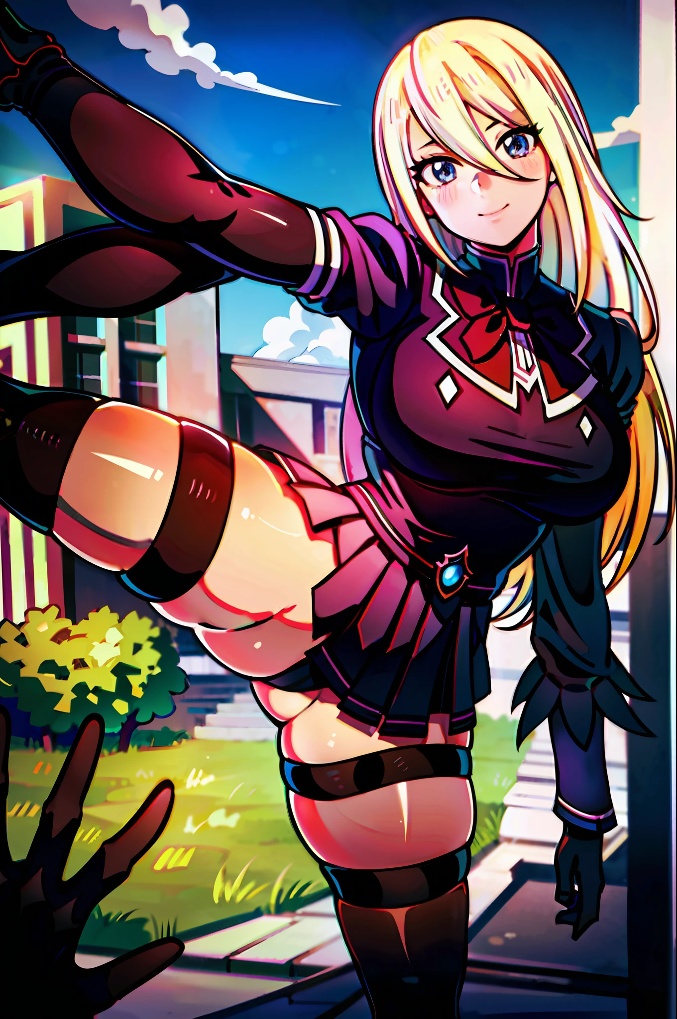 masterpiece, best quality, 1girl, young girl, brown eyes, long blonde hair, happy smile, shiny skin, (nice leg line: 1.3), thick thighs, thin waist, huge breasts
BREAK
school uniform, tie, ((pencil skirt), pantyhose, high heels
BREAK
park, crowd look surprised, depth of field, looking at the viewer, standing, side, upper body, legsupsexms, konosuba