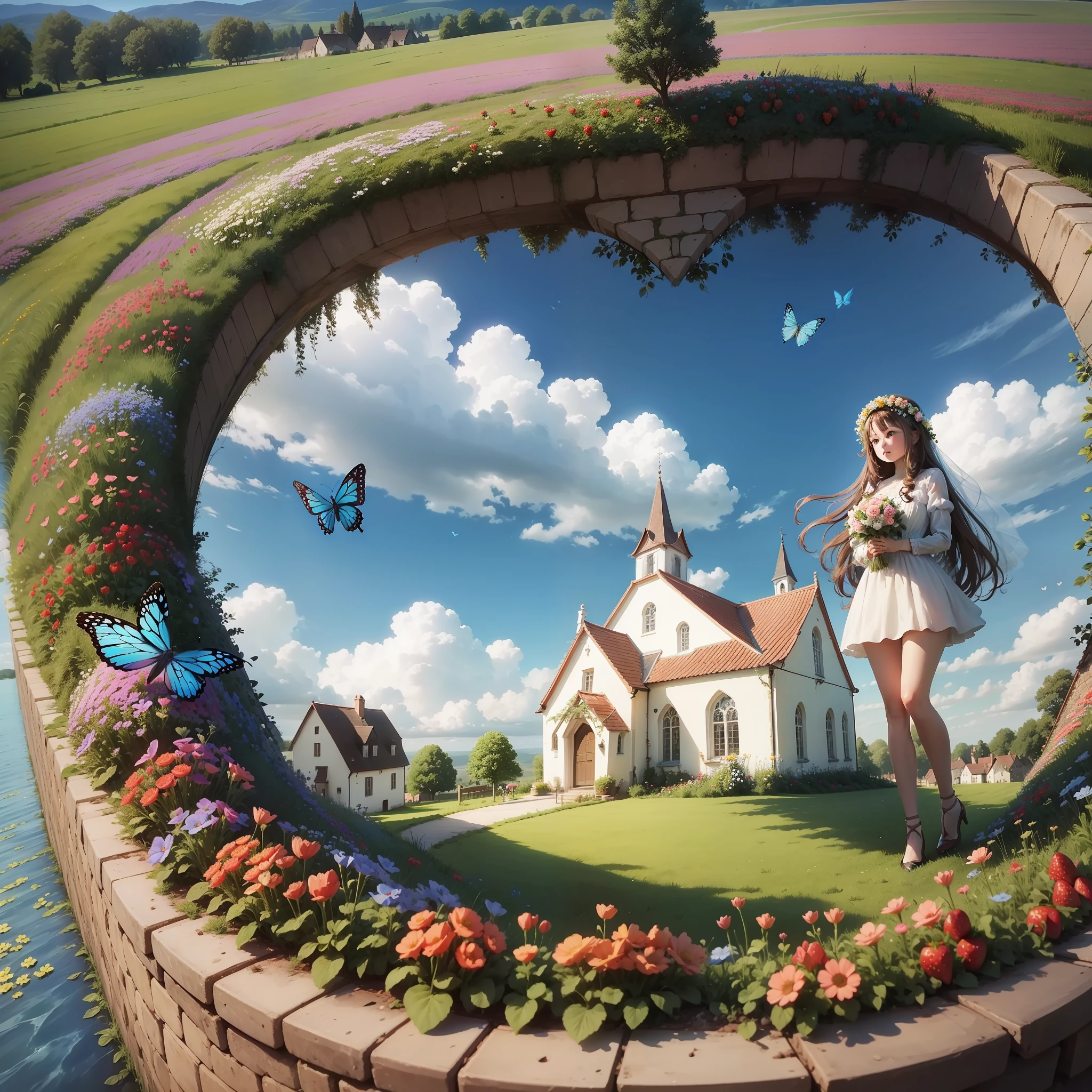 On a flower meadow there is a huge heart-shaped wedding cake under a blue sky, strawberries are spread out on the cakes and colorful butterflies form the word Stina in the sky, in the background there is a village church with a large crowd in front of it --auto --s2
