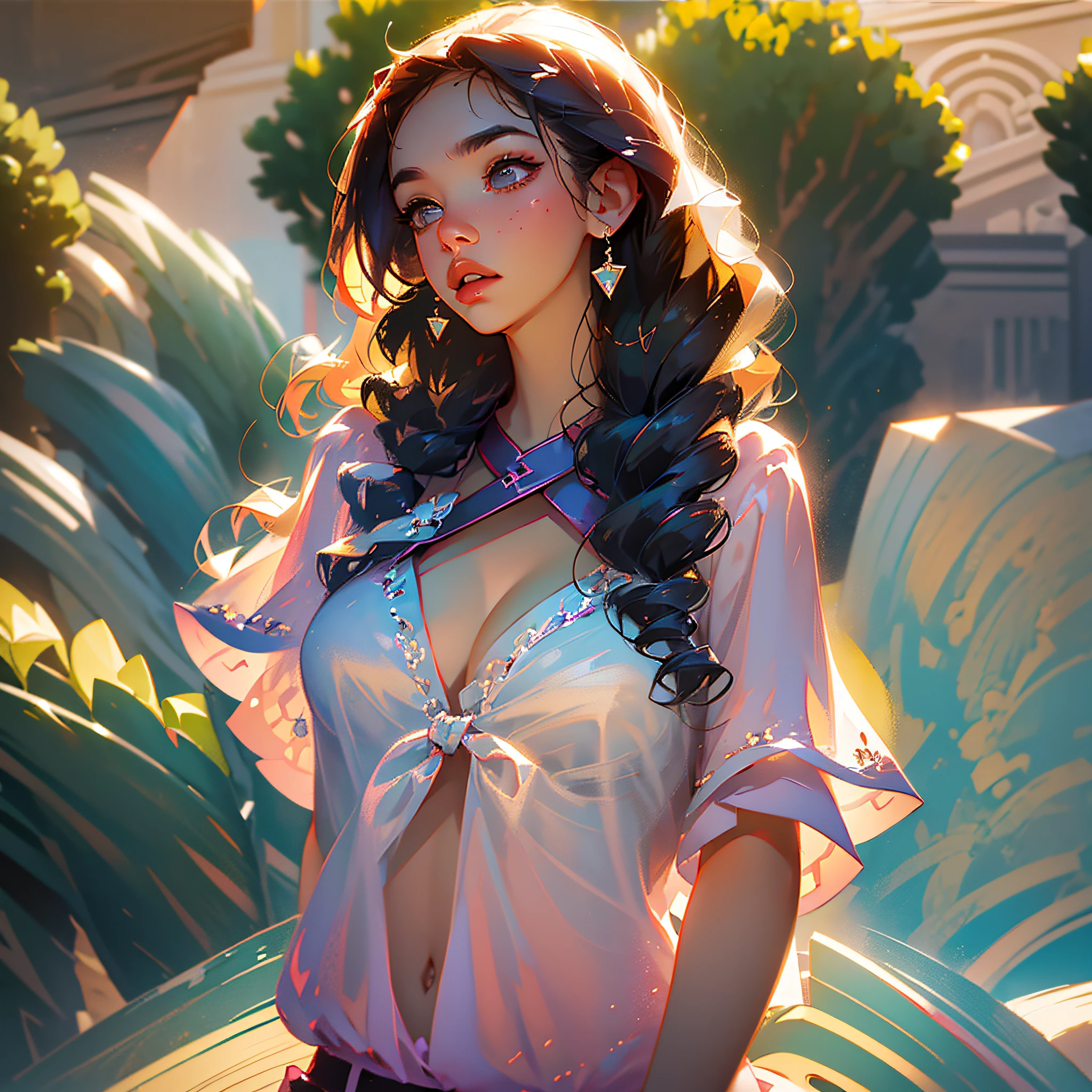 best quality, 1girl, (skindentation), (large breast), (day), bright, blur background, outdoor, (street:0.6), (people, crowds:1), (wavy hair:1.5), (blouse:1.5), gorgeous, (floating hair:1.5), (dynamic pose:0.8), soft lighting, wind, garden, --auto --s2