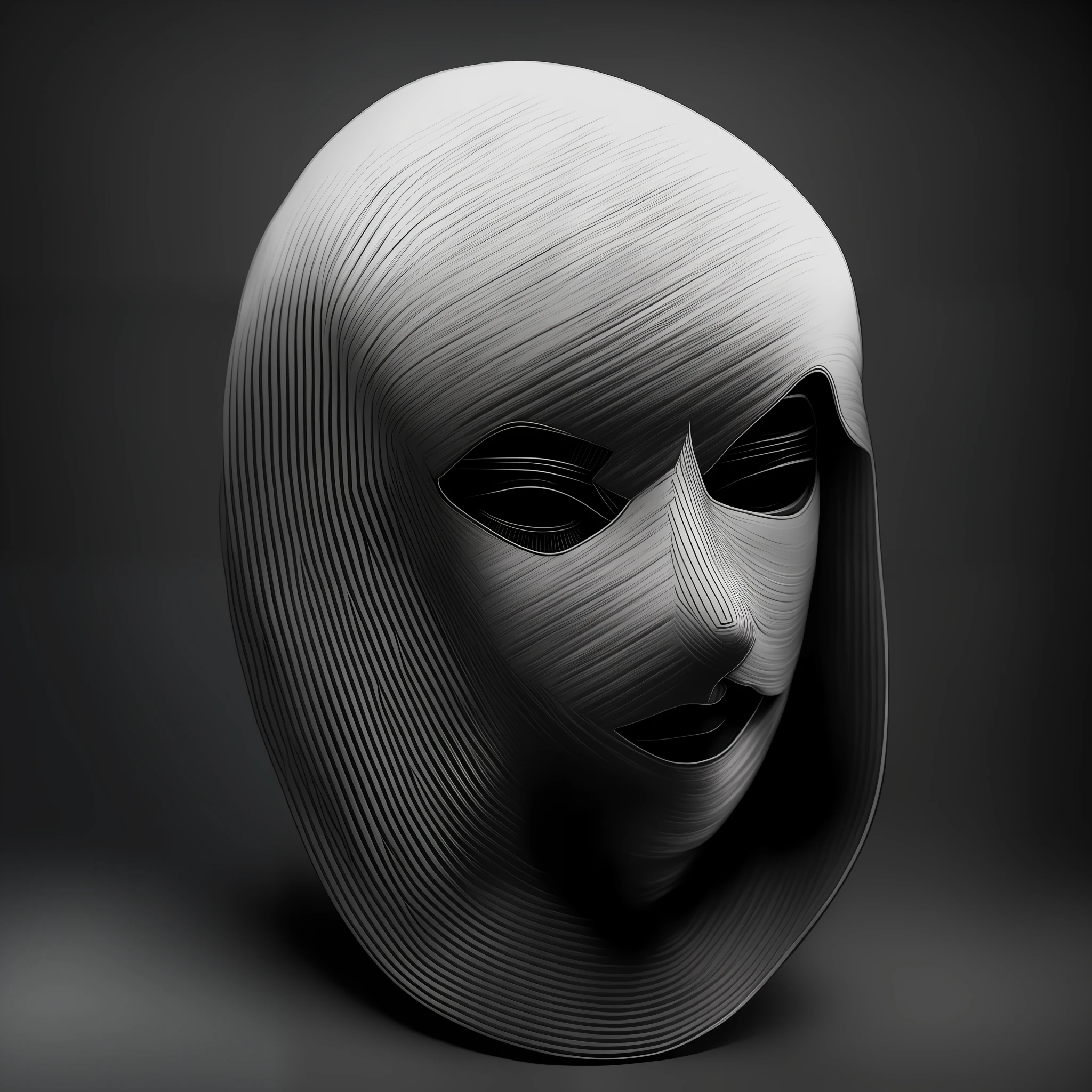 Model of black cloth mask with white lines in the eyes and mouth