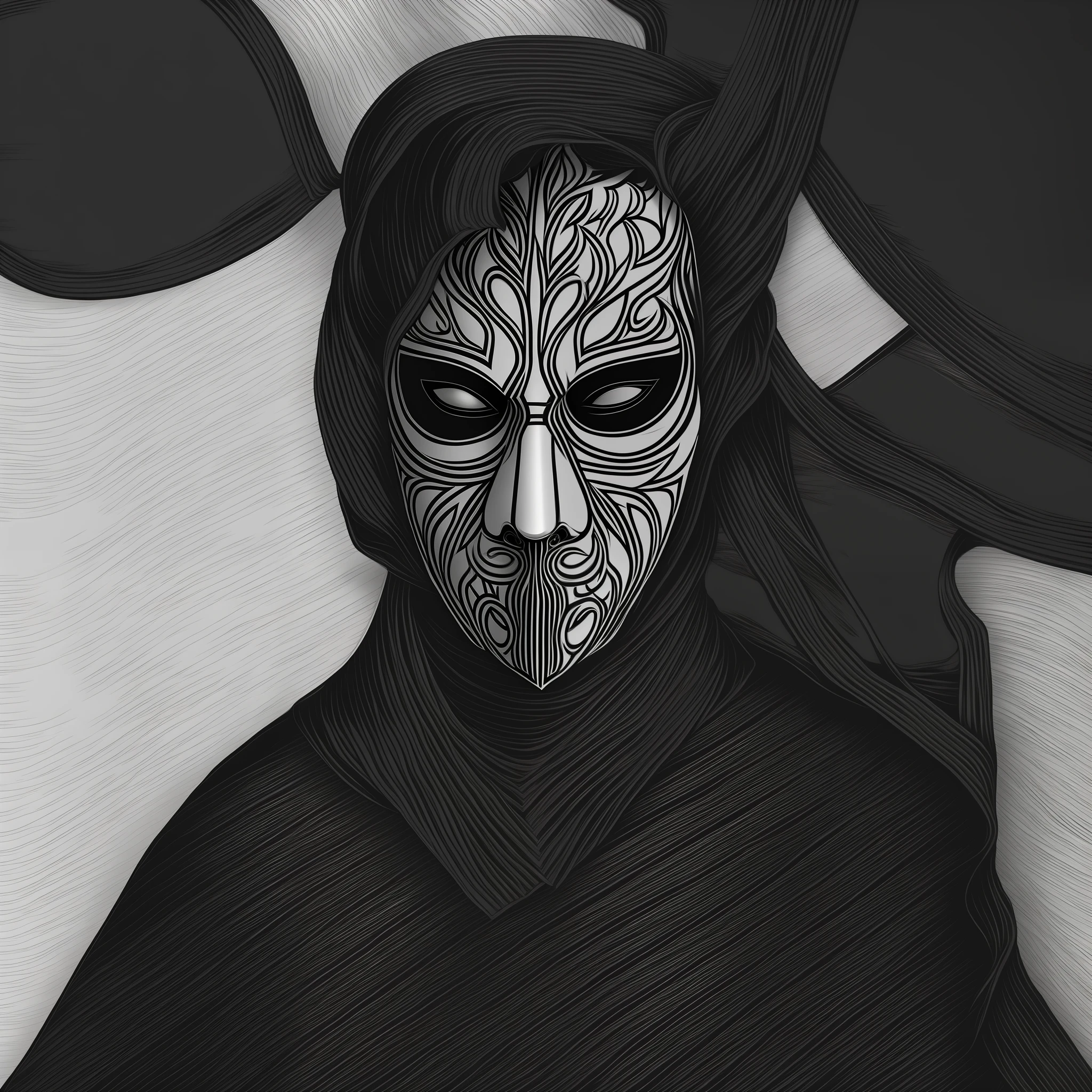 Model of black cloth mask with white lines in the eyes and mouth