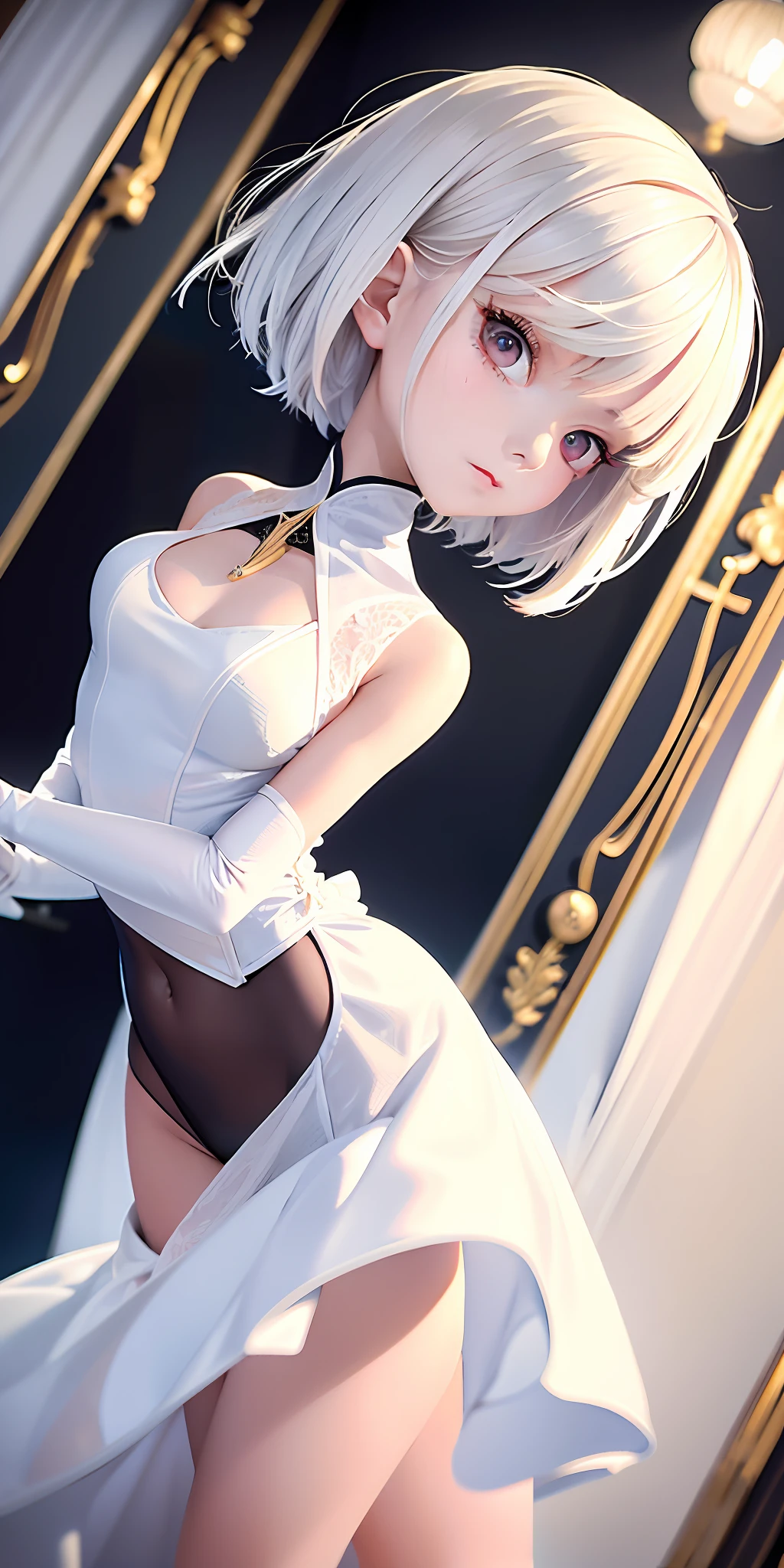 Photorealistic, blonde woman in white dress posing in front of mirror, 2b from Nier Automata, 2b from Nier Automata, 2b from Nier Automata, 2b Nier Automata, 2b, Loli in dress, elegant movie pose, Nier 2b, fine details. Frontline girl, cute elegant pose, 2B NIER automaton film stills