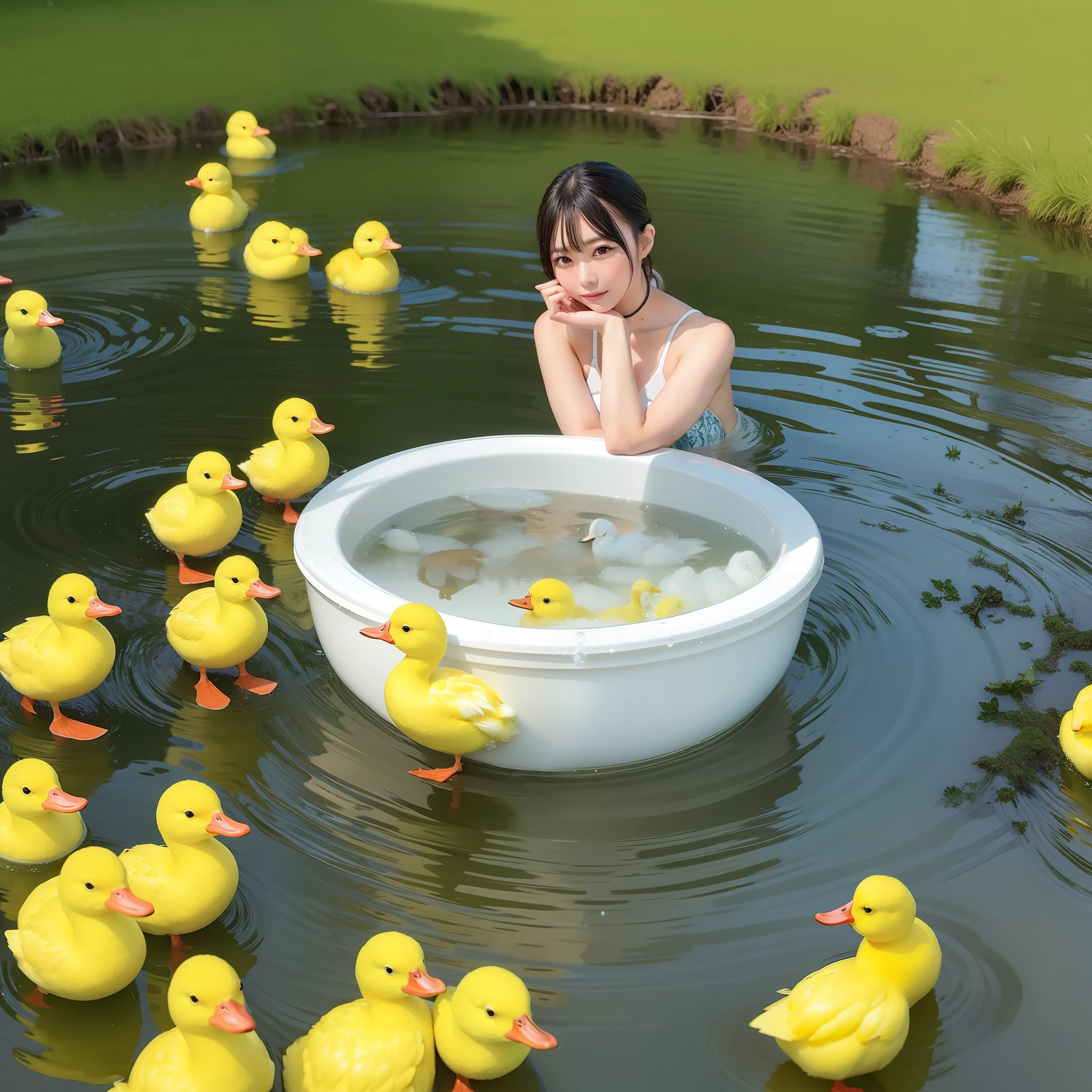 Araffe Japanese model, hyperrealistic, drinking water in a glass with lots of ice next to yellow ducklings in a meadow,