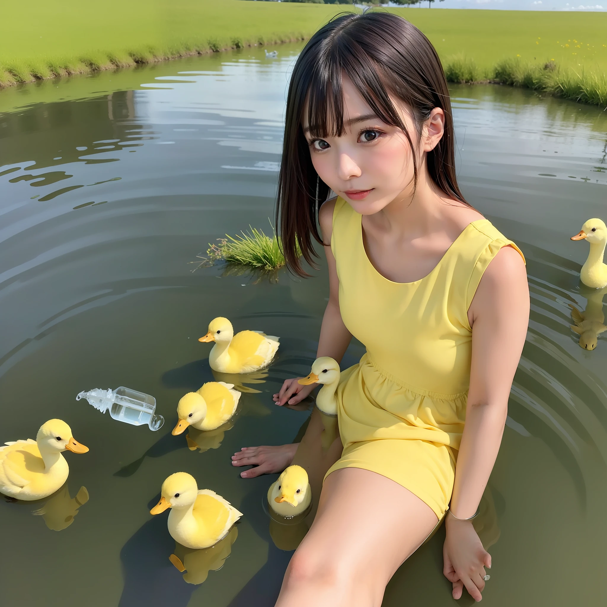 Araffe Japanese model, hyperrealistic, drinking water in a glass with lots of ice next to yellow ducklings in a meadow,