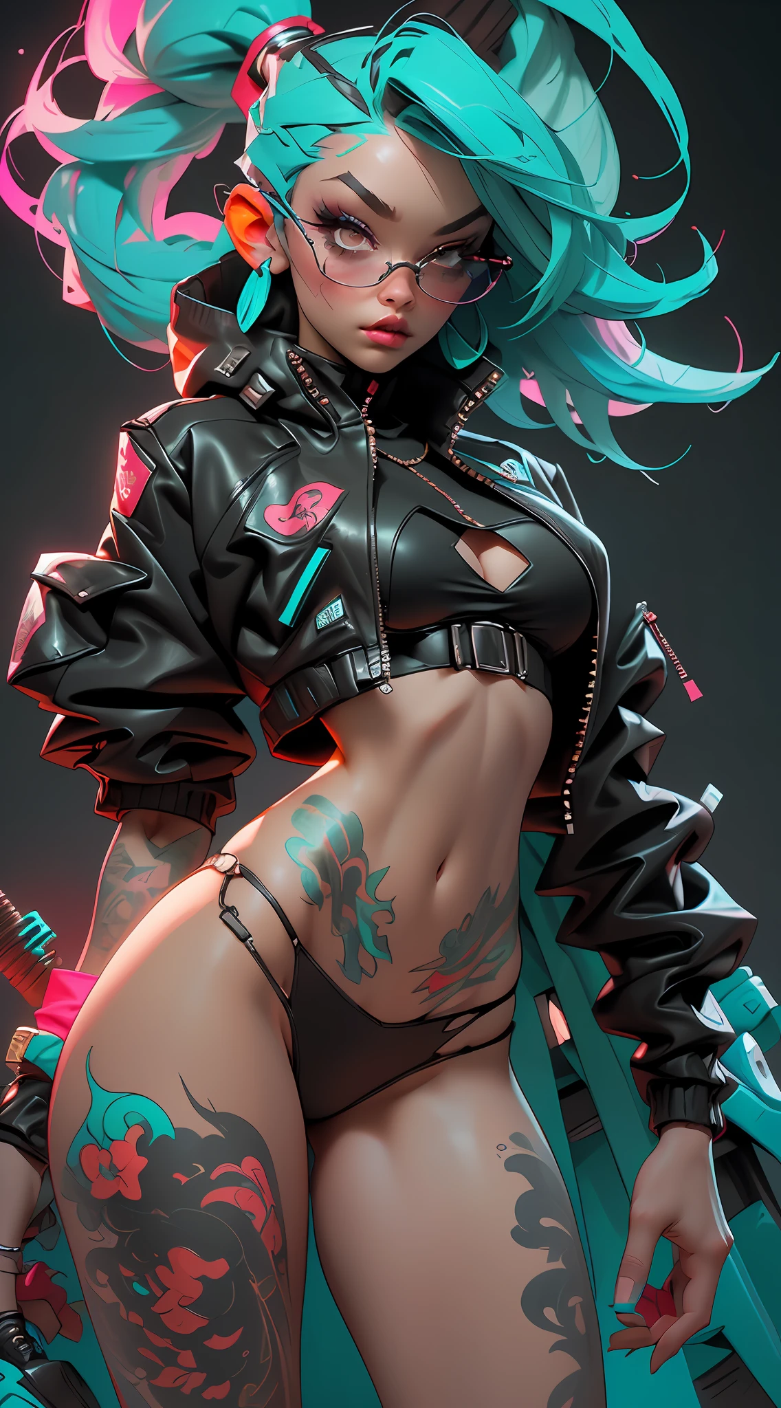 ((Best Quality)), ((Masterpiece)), ((Realistic)) and ultra-detailed photography of a 1nerdy girl with goth and neon colors. She has ((turquoise hair)), wears a (tech-wear jacket) and a (black thong, red pattern:1.2) , ((beautiful and aesthetic)), sexy, under-boobs, hot