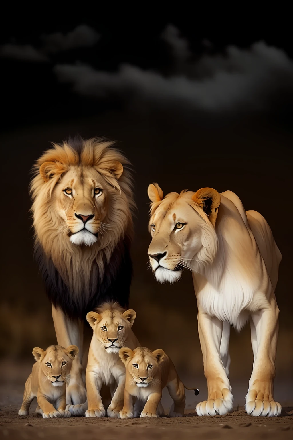 B&w photo, there are a lot of lions that are standing together, lions, family portrait, proud look, proud look, happy family, lion, by Tadashi Nakayama, trend,, against a deep black background, mane, majesty, in the background with very starry sky, family photo, pride, simba, pride, amazing art, by Robert Childress, photo of a beautiful